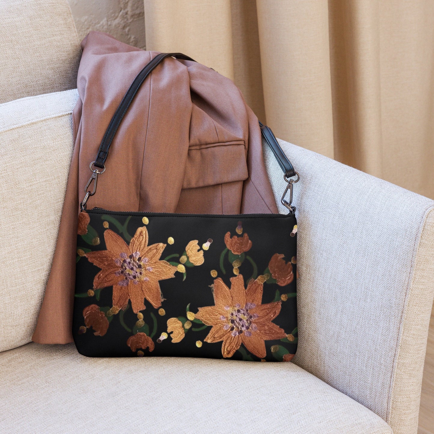 Gold Floral Nightclub Purse, Small Trendy Crossbody Bag, Nature Inspired Sling Handbag