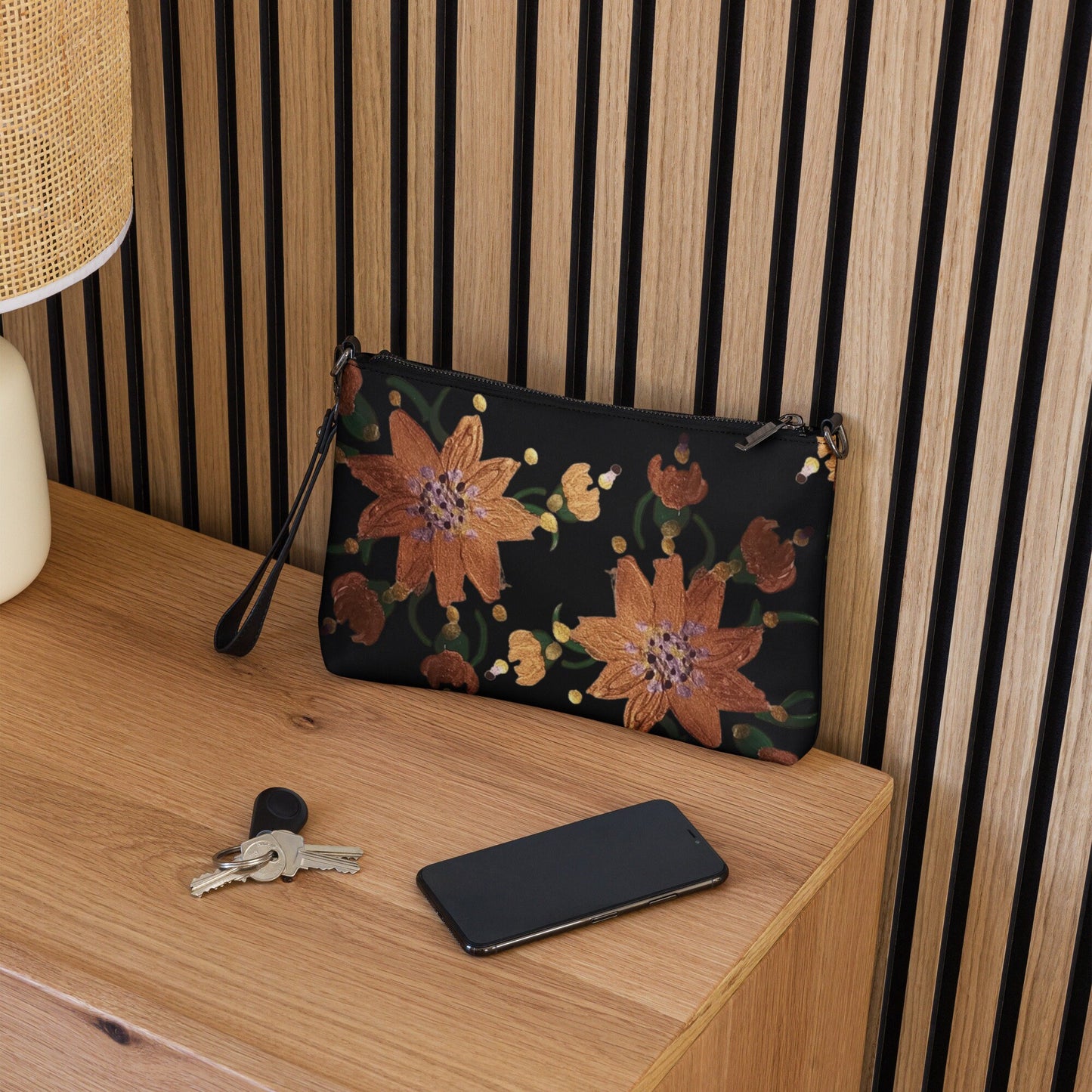 Gold Floral Nightclub Purse, Small Trendy Crossbody Bag, Nature Inspired Sling Handbag