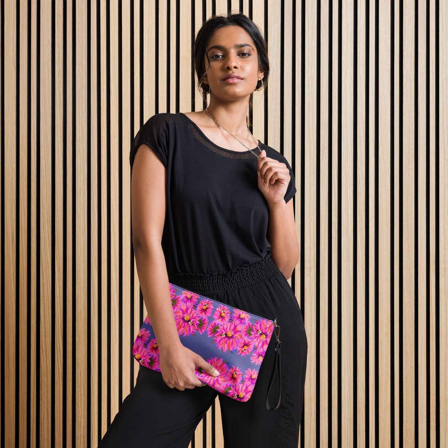 Fluffy Pink on Grey Crossbody Bag, Nature Inspired Trendy Satchel Bag, Small Adjustuble Strap Purse with Pockets