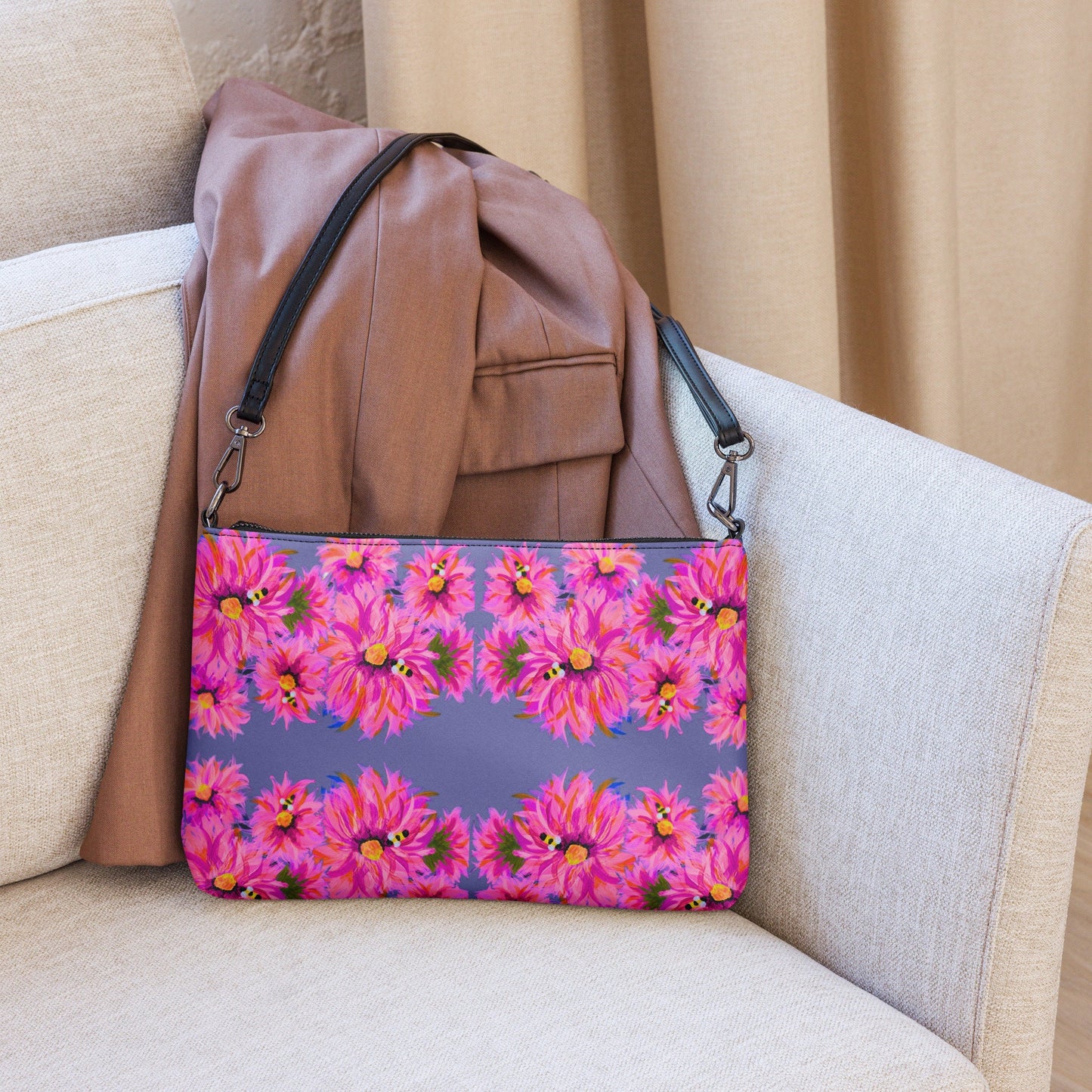 Fluffy Pink on Grey Crossbody Bag, Nature Inspired Trendy Satchel Bag, Small Adjustuble Strap Purse with Pockets