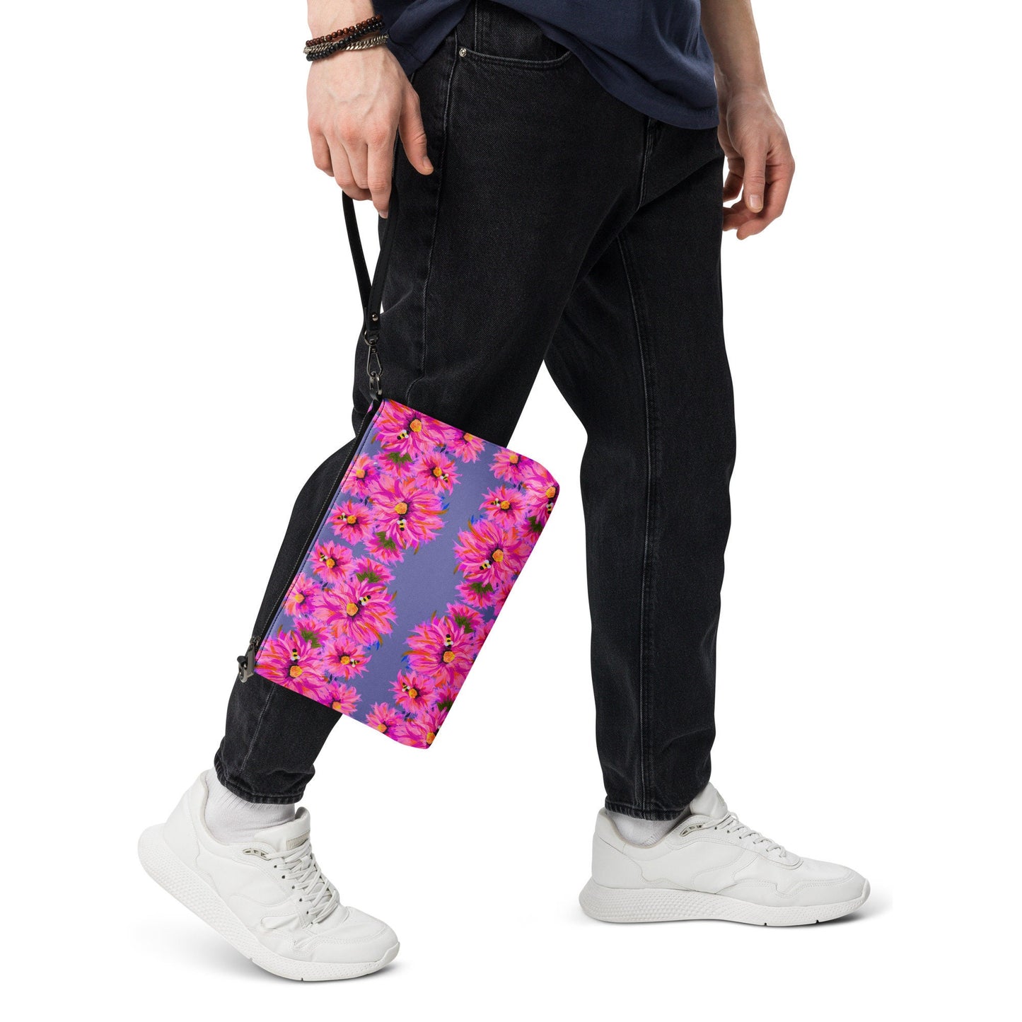 Fluffy Pink on Grey Crossbody Bag, Nature Inspired Trendy Satchel Bag, Small Adjustuble Strap Purse with Pockets