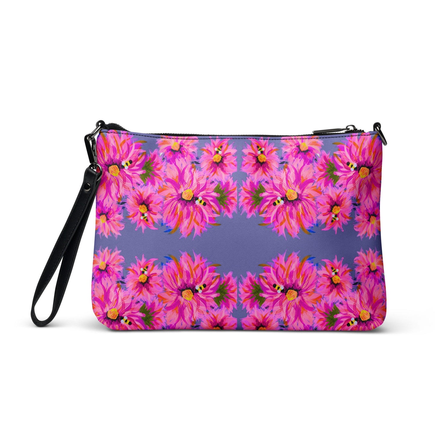 Fluffy Pink on Grey Crossbody Bag, Nature Inspired Trendy Satchel Bag, Small Adjustuble Strap Purse with Pockets