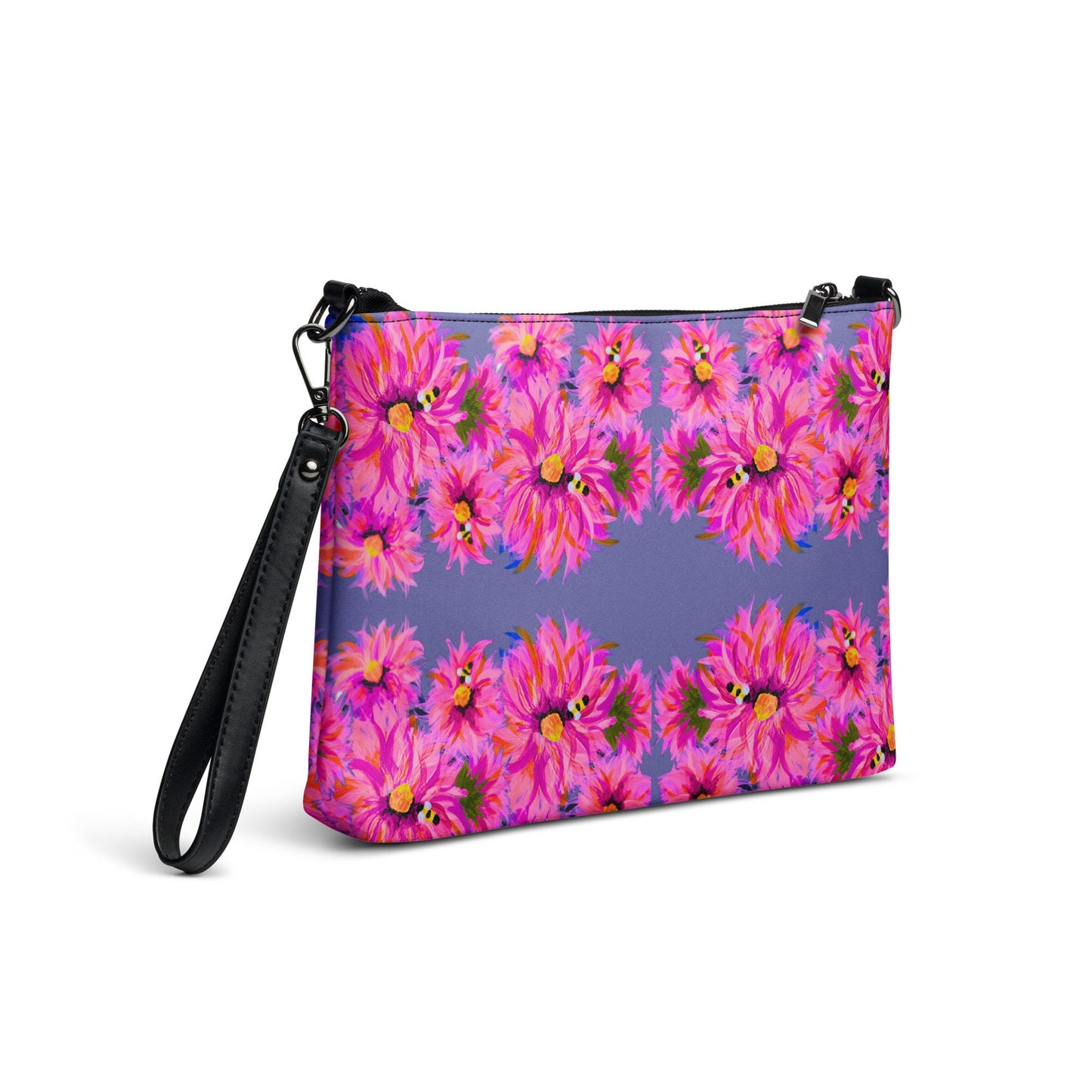 Fluffy Pink on Grey Crossbody Bag, Nature Inspired Trendy Satchel Bag, Small Adjustuble Strap Purse with Pockets
