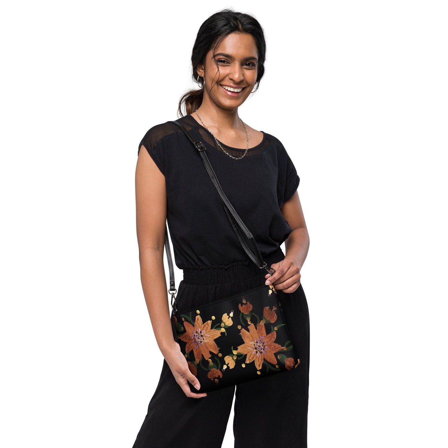 Gold Floral Nightclub Purse, Small Trendy Crossbody Bag, Nature Inspired Sling Handbag