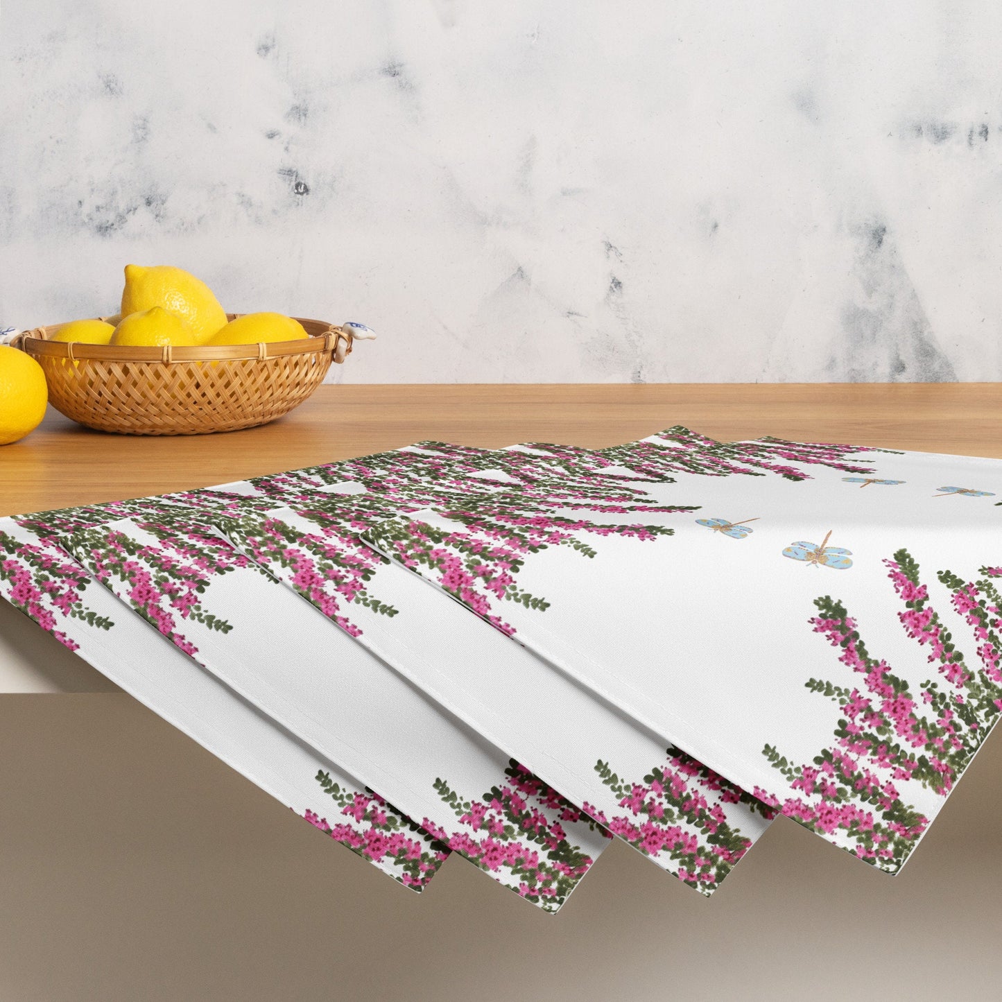 Heather Flower Placemat Set of 4, Water Resistant Floral Placemats for Weddings, Family Dinners or Spring Get Togethers