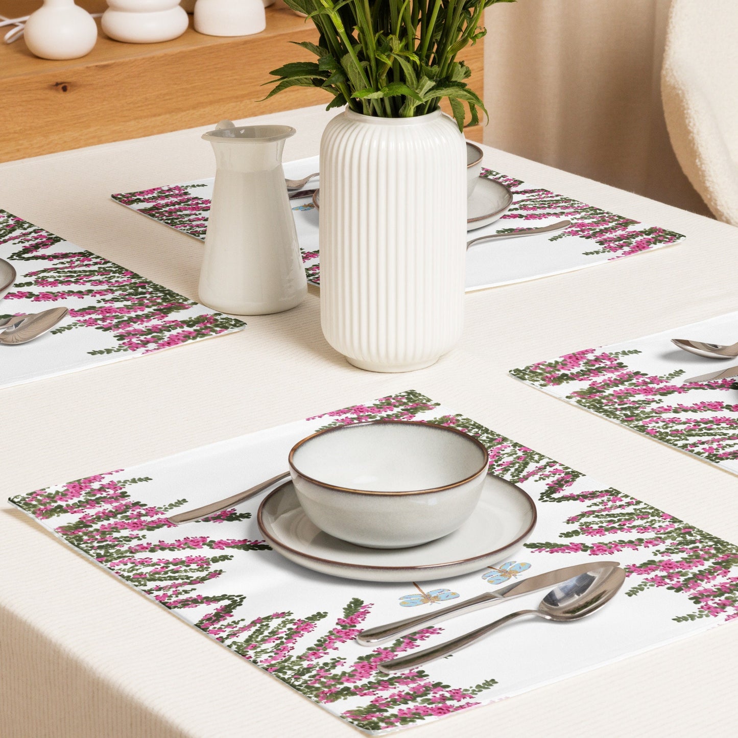 Heather Flower Placemat Set of 4, Water Resistant Floral Placemats for Weddings, Family Dinners or Spring Get Togethers