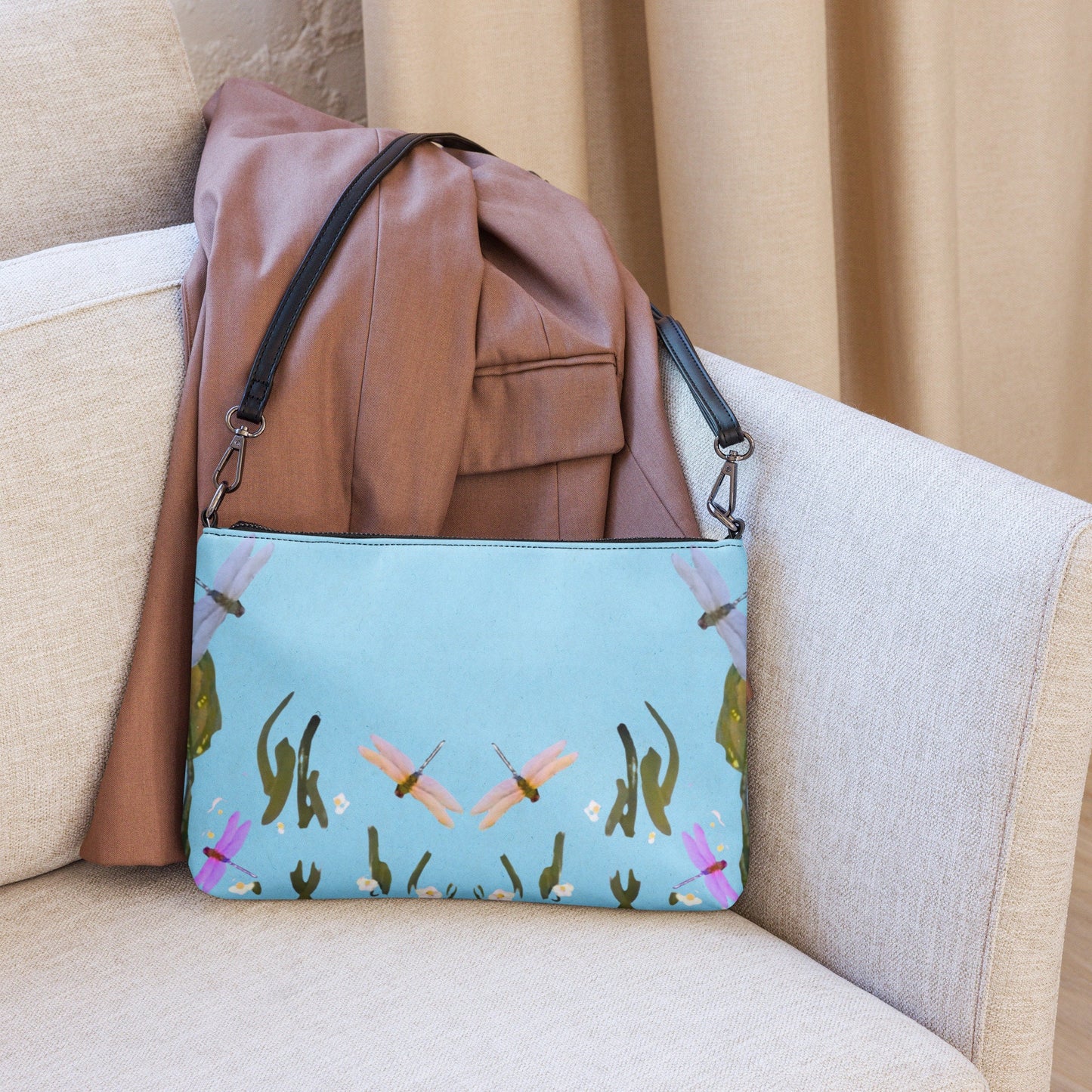 Dragonfly Lovers Small Ziptop Satchel, Nature Inspired Crossbody Bag, Trendy Adjustable Strap Sling Bag