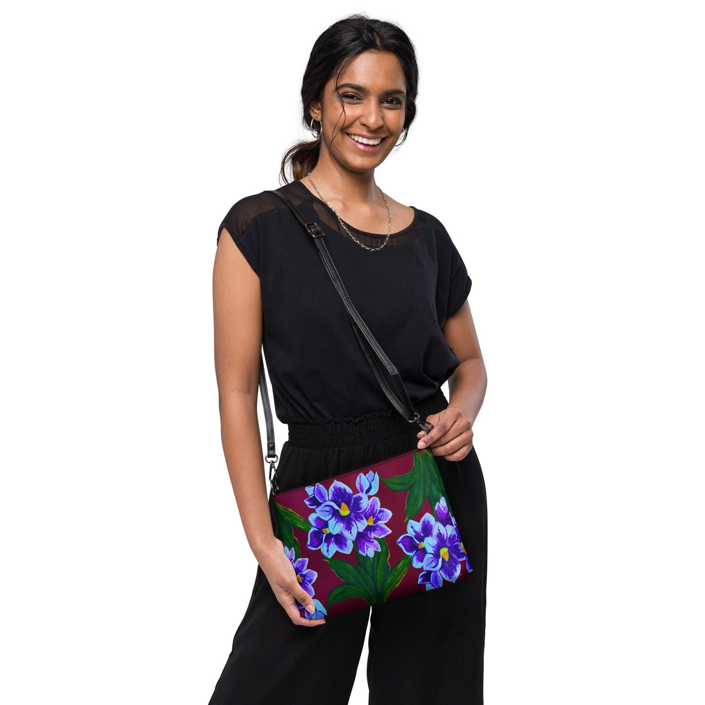 Blue Floral Crossbody Bag with Pockets, Nature Inspired Ziptop Sling Bag, Small Clutch Purse