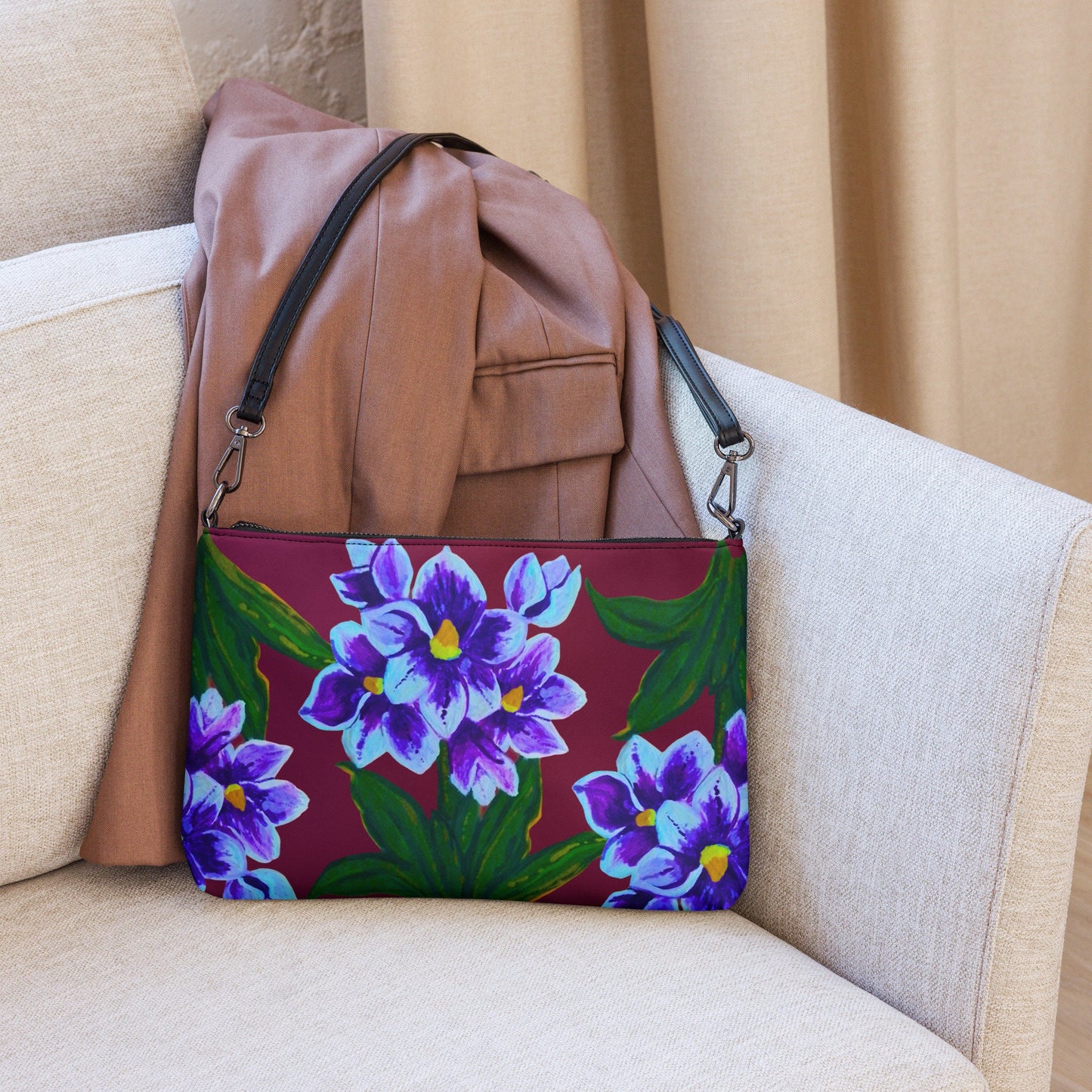 Blue Floral Crossbody Bag with Pockets, Nature Inspired Ziptop Sling Bag, Small Clutch Purse