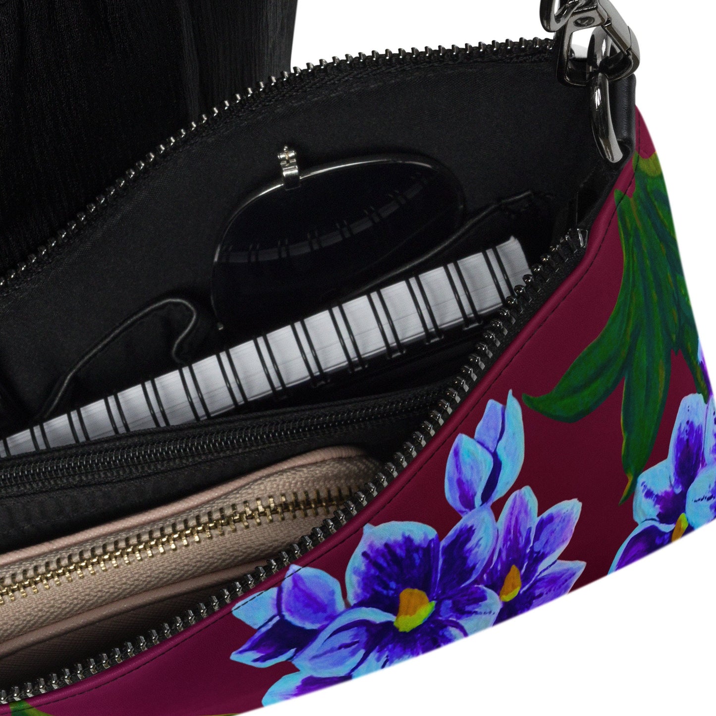 Blue Floral Crossbody Bag with Pockets, Nature Inspired Ziptop Sling Bag, Small Clutch Purse