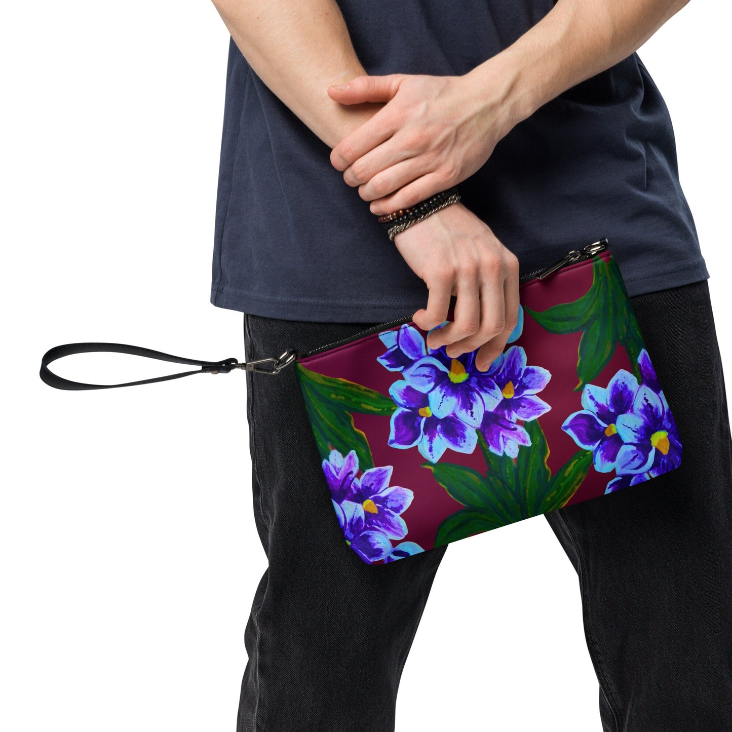 Blue Floral Crossbody Bag with Pockets, Nature Inspired Ziptop Sling Bag, Small Clutch Purse