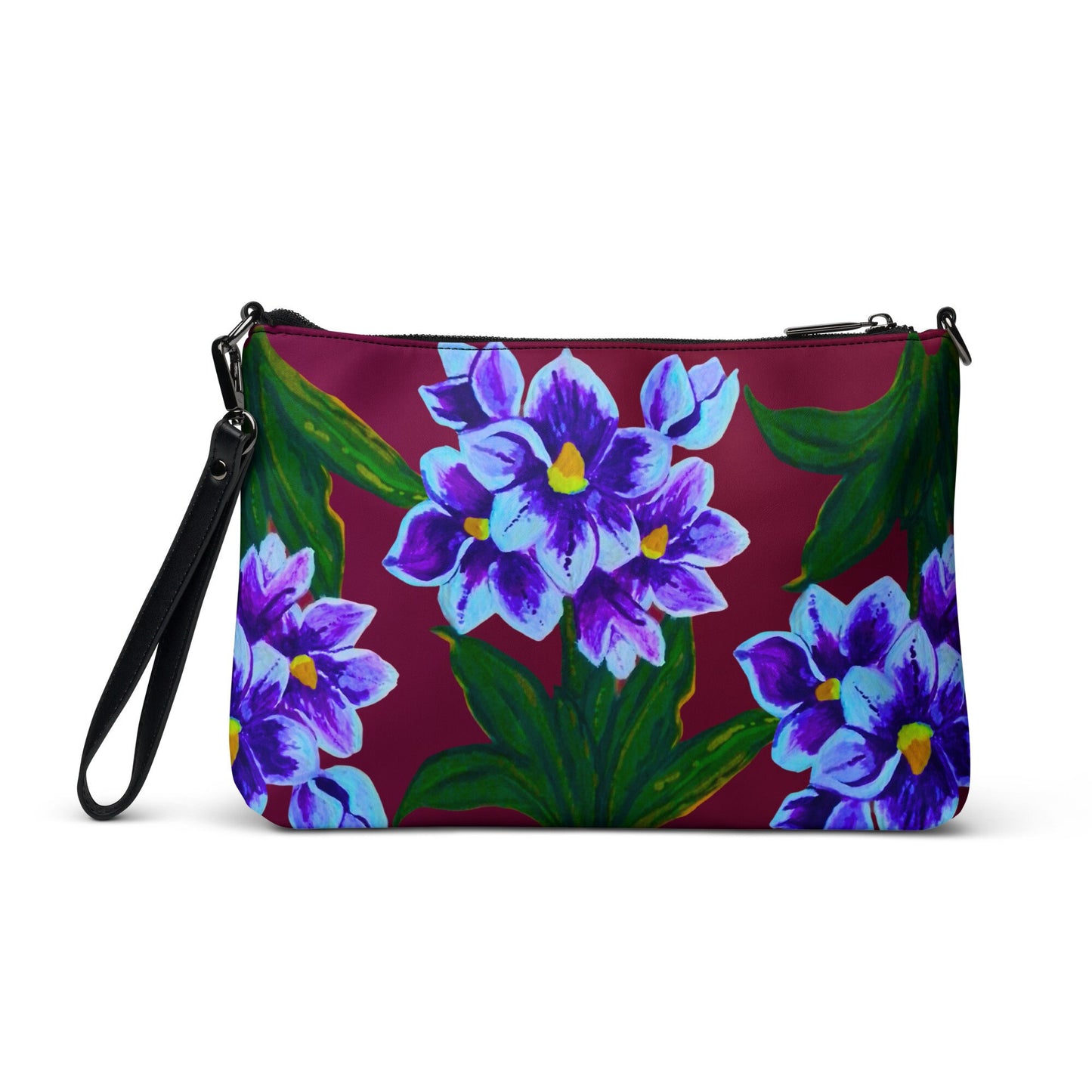 Blue Floral Crossbody Bag with Pockets, Nature Inspired Ziptop Sling Bag, Small Clutch Purse