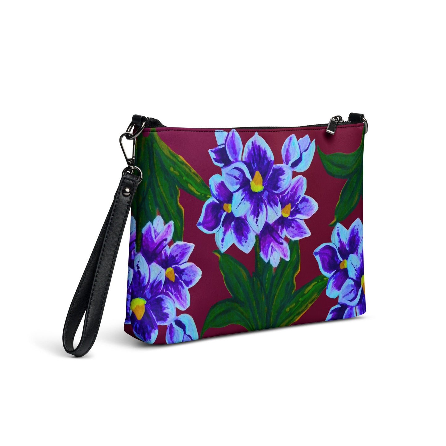 Blue Floral Crossbody Bag with Pockets, Nature Inspired Ziptop Sling Bag, Small Clutch Purse