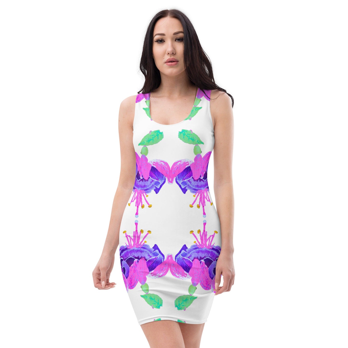 Fuchsia Flowers Bodycon Dress Casual Spring Apparel, Floral Secretary Dress, Tight Club Attire