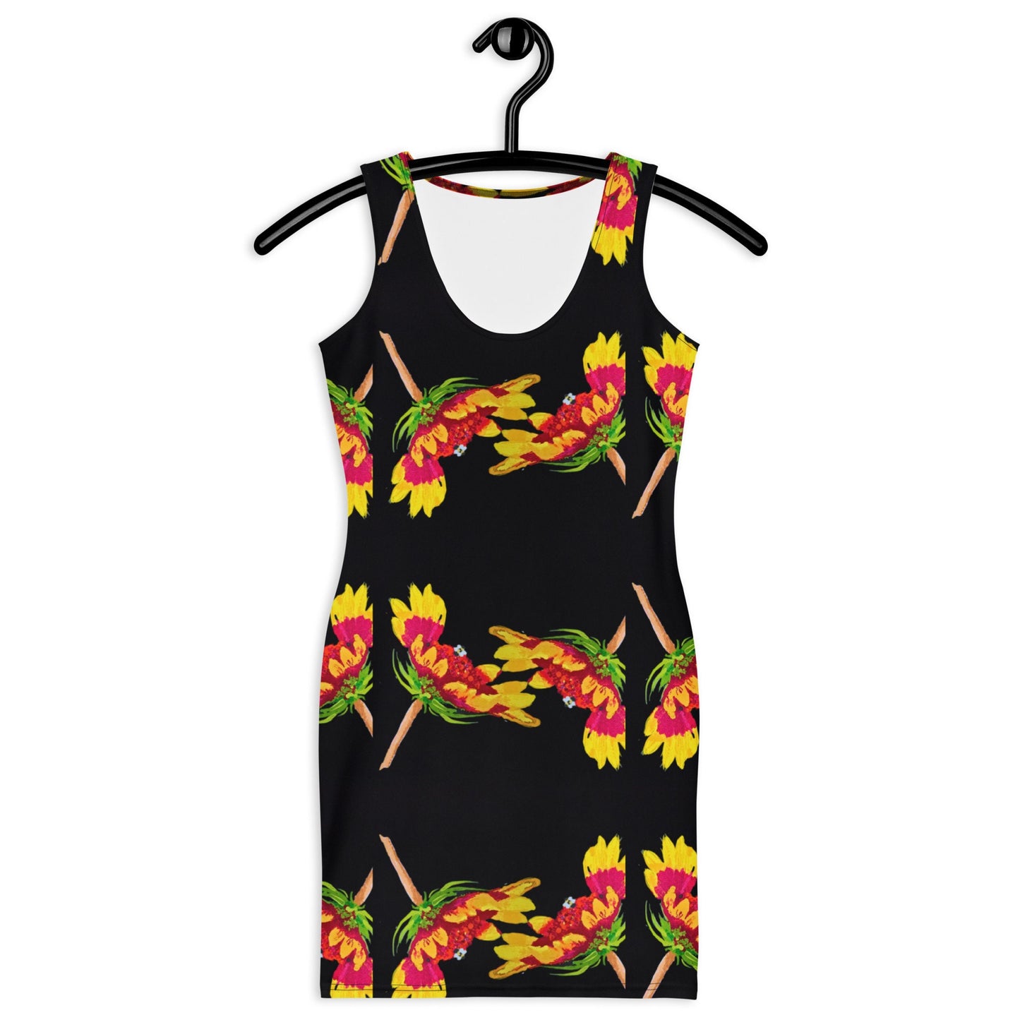 Botanical Black Bodycon Dress, Nature Inspired Club Outfit, Sleeveless Spring Apparel