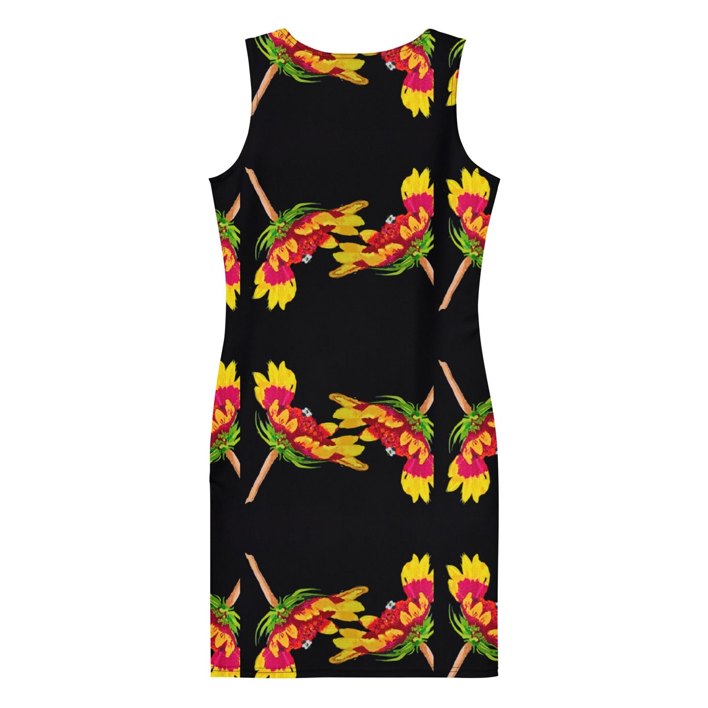 Botanical Black Bodycon Dress, Nature Inspired Club Outfit, Sleeveless Spring Apparel