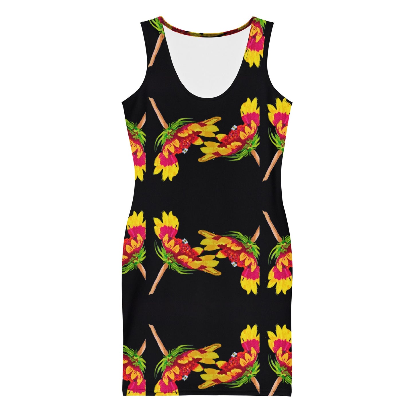 Botanical Black Bodycon Dress, Nature Inspired Club Outfit, Sleeveless Spring Apparel