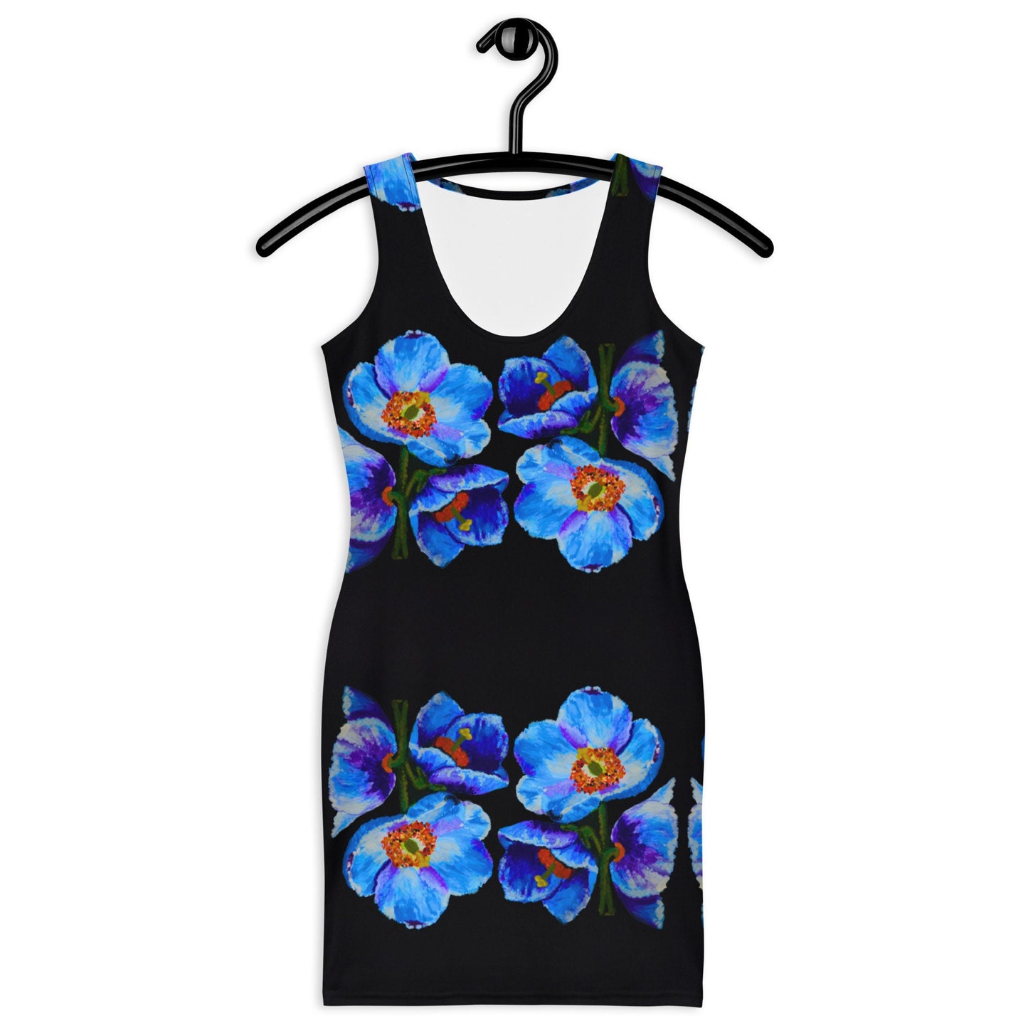 Floral Blue Poppy Bodycon Dress, Sleeveless Wrap Club Outfit, Colorful Spring Apparel