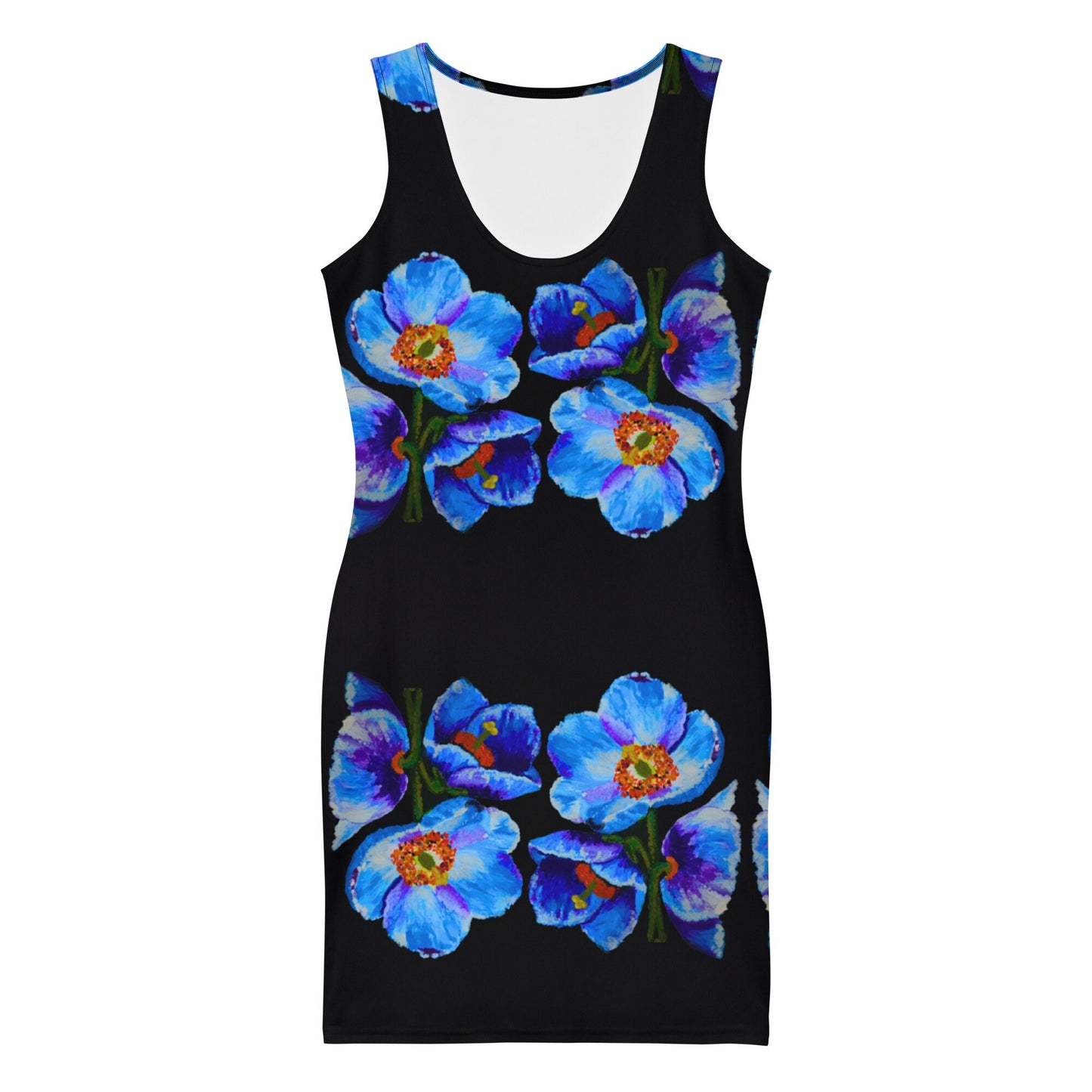 Floral Blue Poppy Bodycon Dress, Sleeveless Wrap Club Outfit, Colorful Spring Apparel