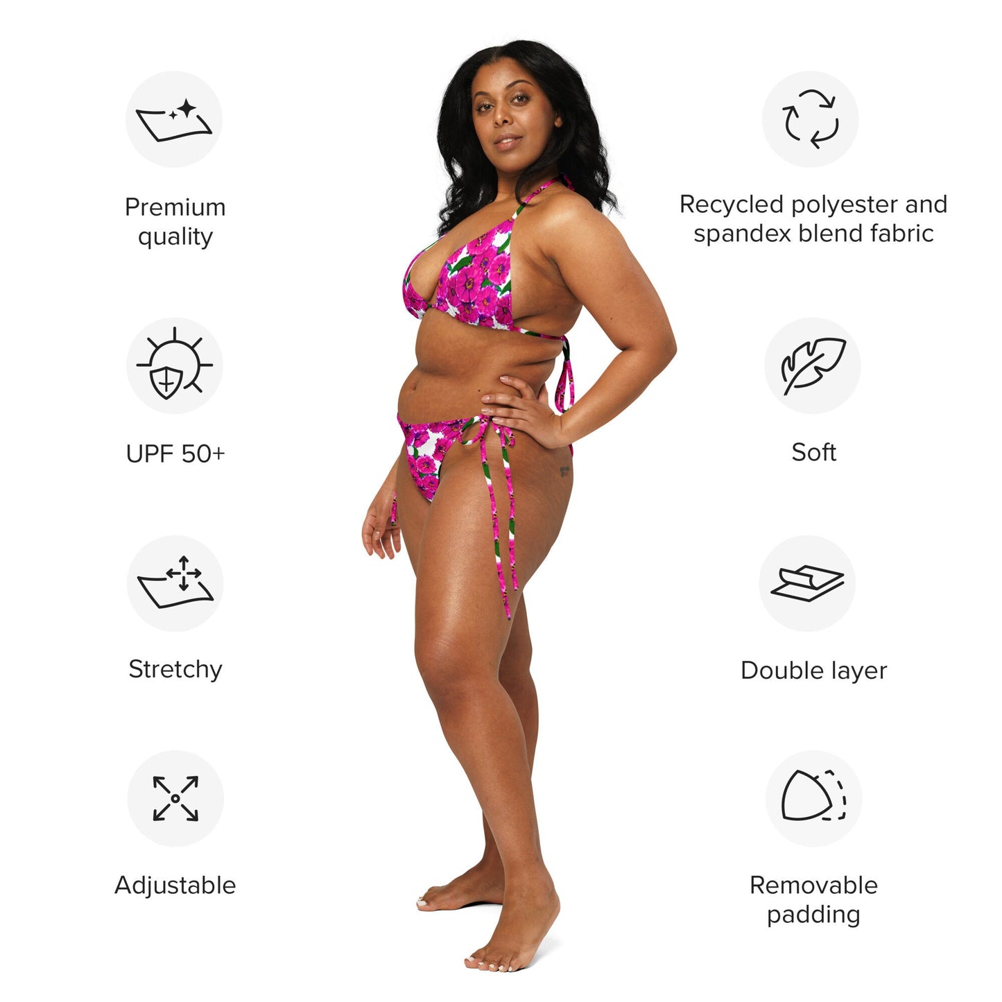 Pink Floral String Bikini, Colorful Trendy Bathing Suit, Botanical Plus Size Beach Swim Wear