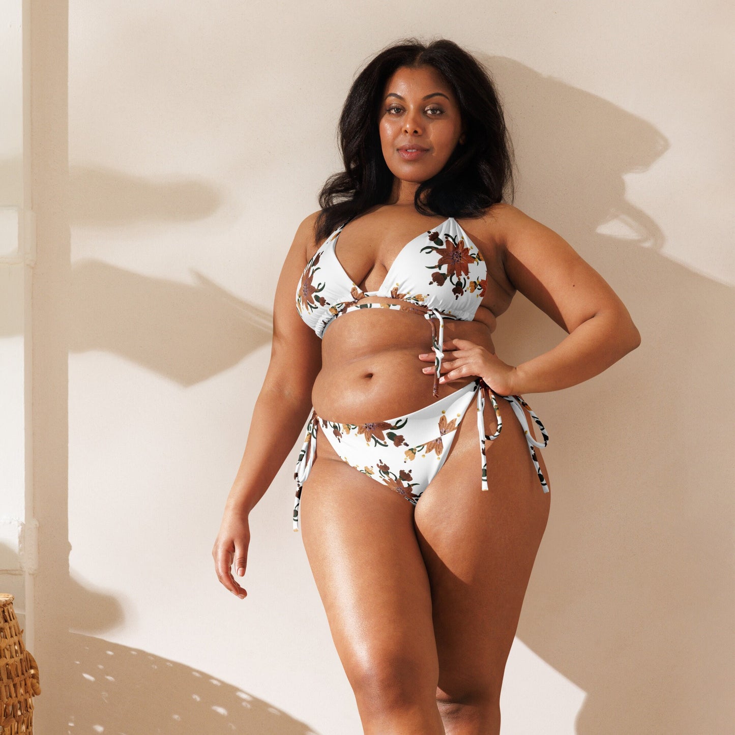 Gold Floral String Bikini, Ladies Retro Swimwear, Plus Size Beach Swimsuit