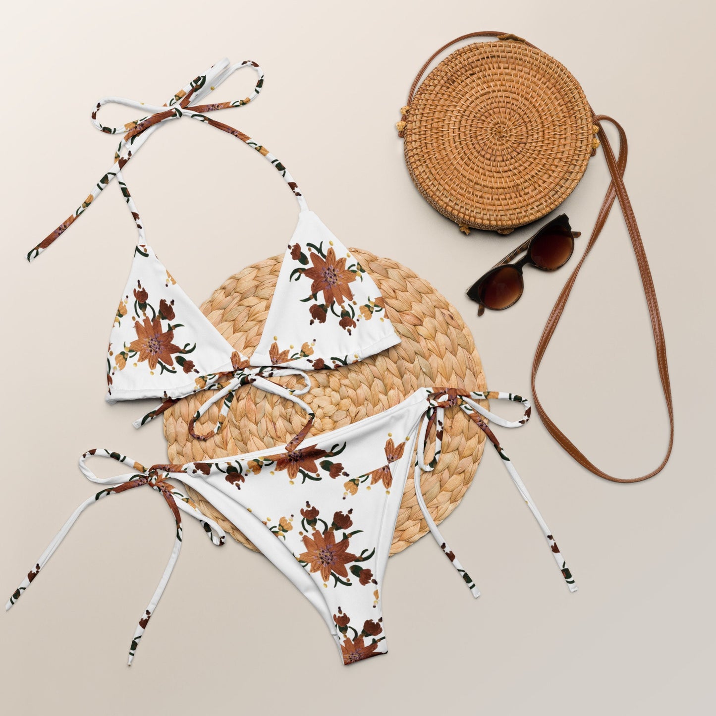 Gold Floral String Bikini, Ladies Retro Swimwear, Plus Size Beach Swimsuit