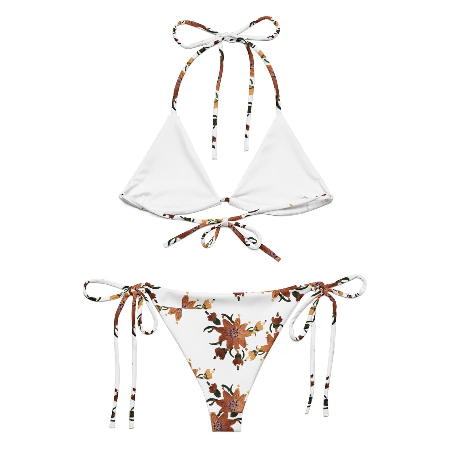 Gold Floral String Bikini, Ladies Retro Swimwear, Plus Size Beach Swimsuit