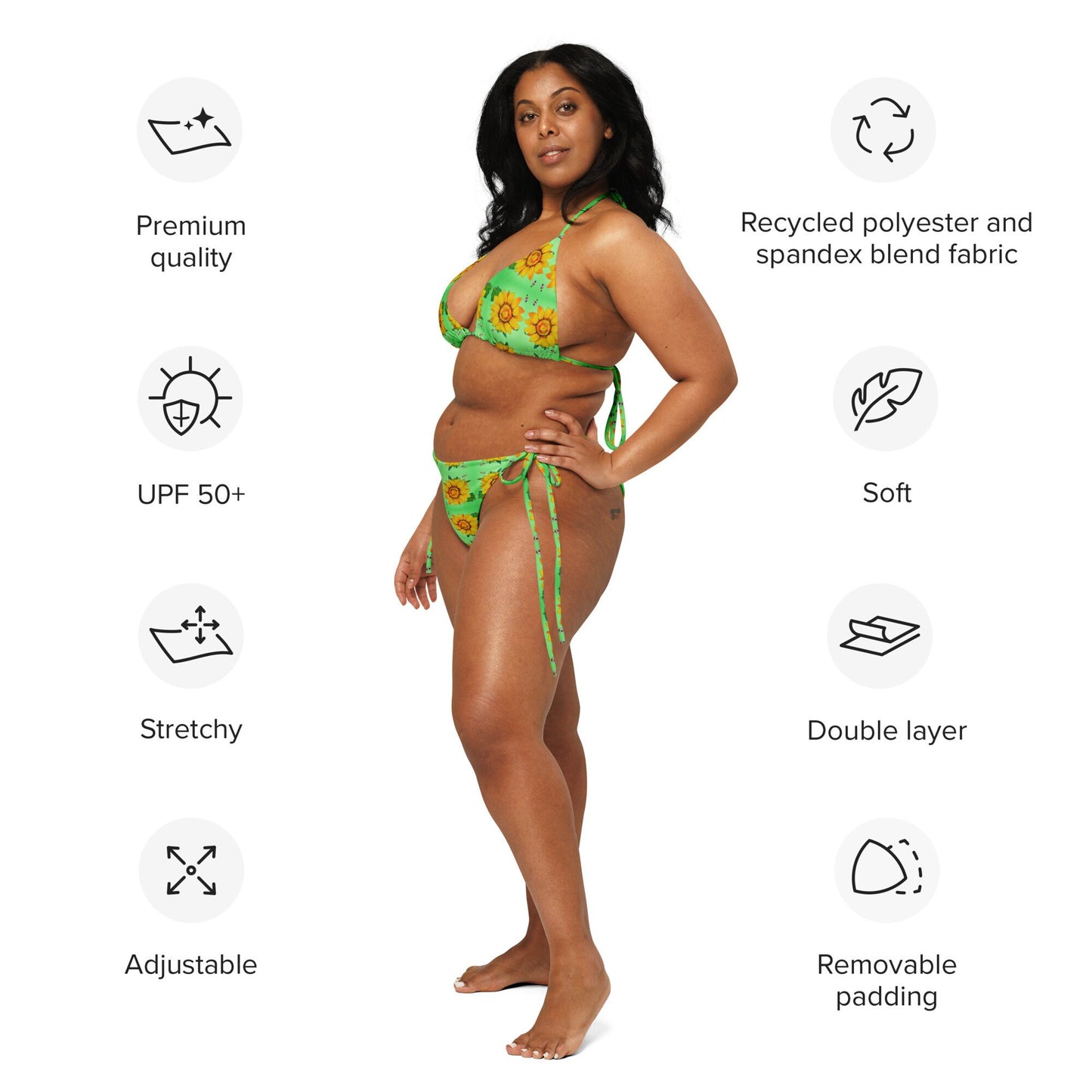 Sunflower Pattern String Bikini, Floral Beach Retro Swimwear, Festival Rave Plus Size Bathing Suit