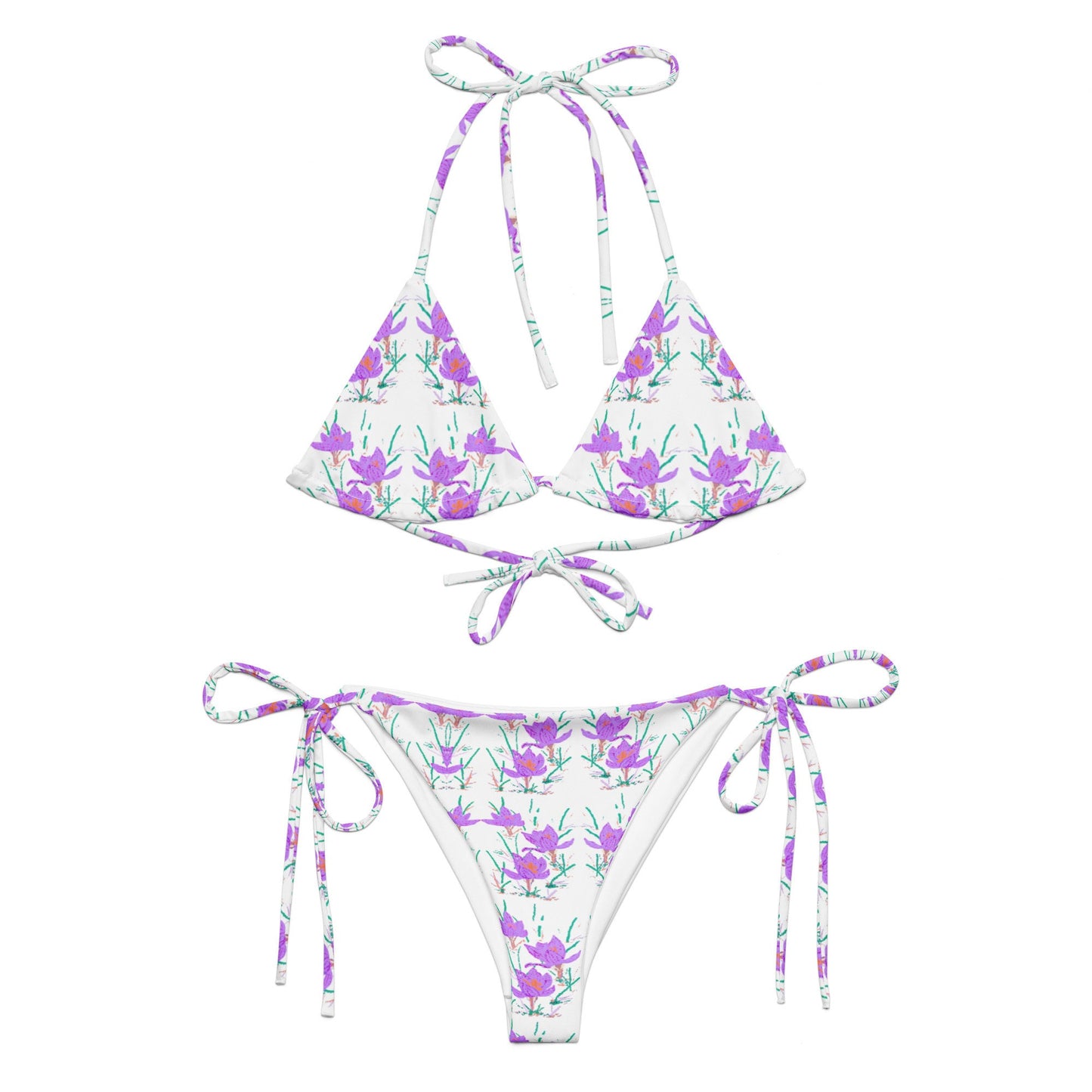 Crocus Flower Botanical String Bikini, Vintage Beach Bathing Suit, Plus Size Ladies Swimwear
