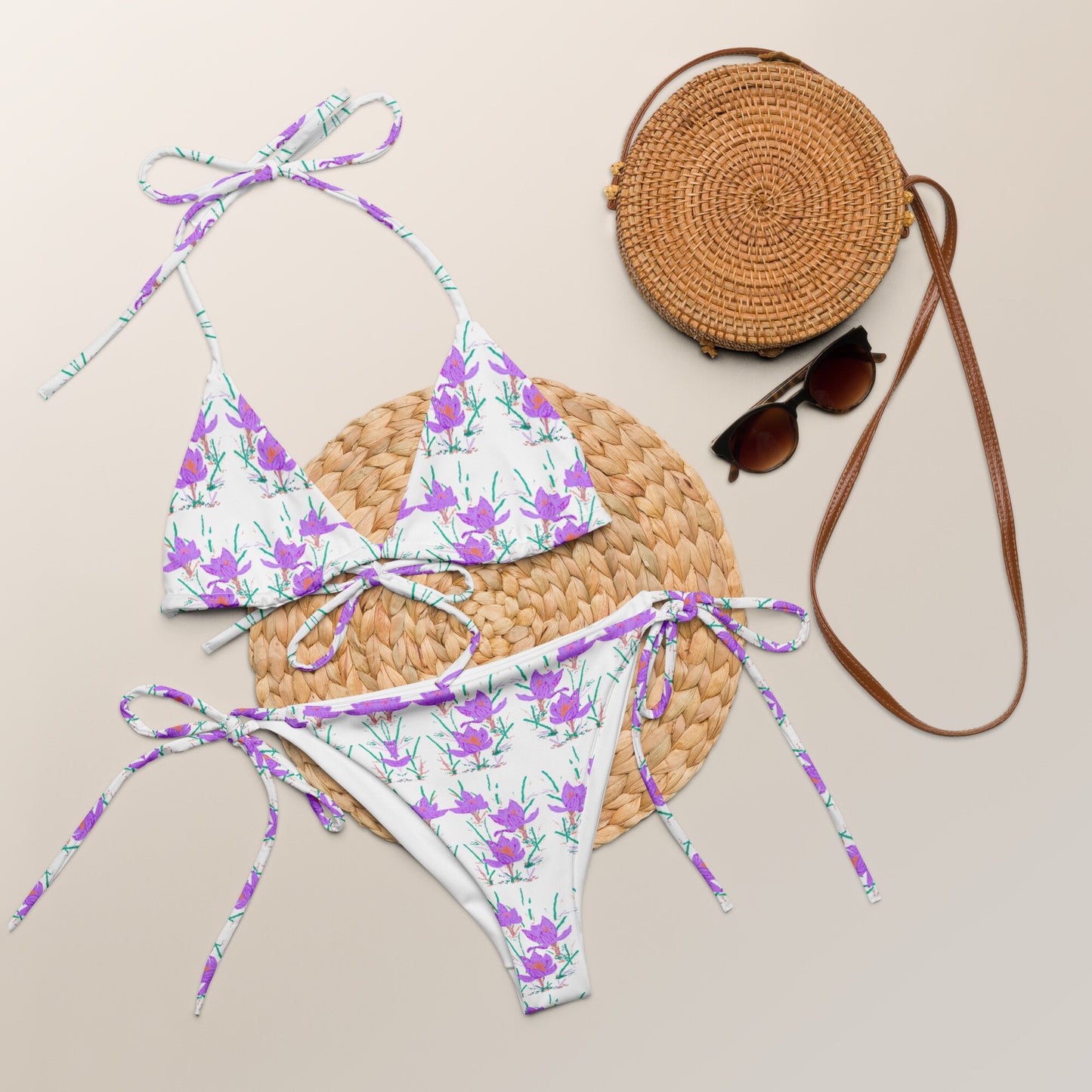 Crocus Flower Botanical String Bikini, Vintage Beach Bathing Suit, Plus Size Ladies Swimwear