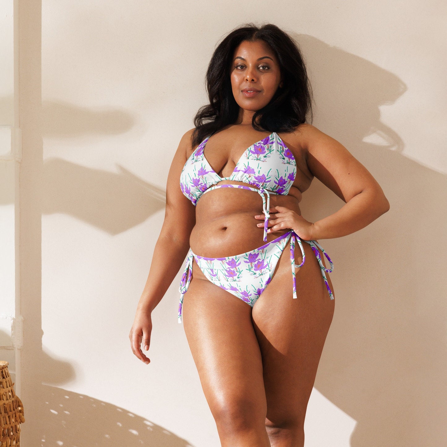 Crocus Flower Botanical String Bikini, Vintage Beach Bathing Suit, Plus Size Ladies Swimwear