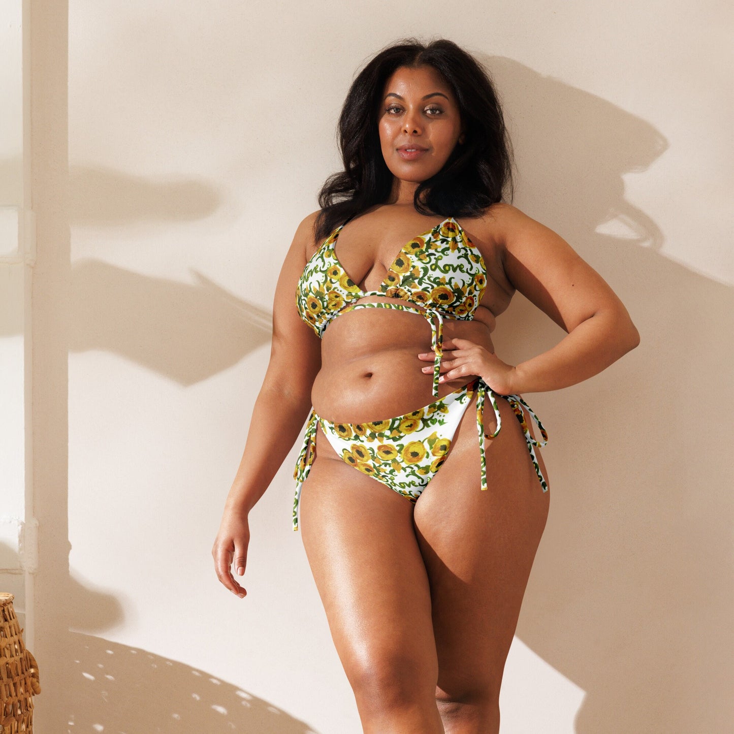 Yellow Floral Love One-Piece Swimsuit, Botanical Plus Size Swim Wear, Beach Festival String Bikini