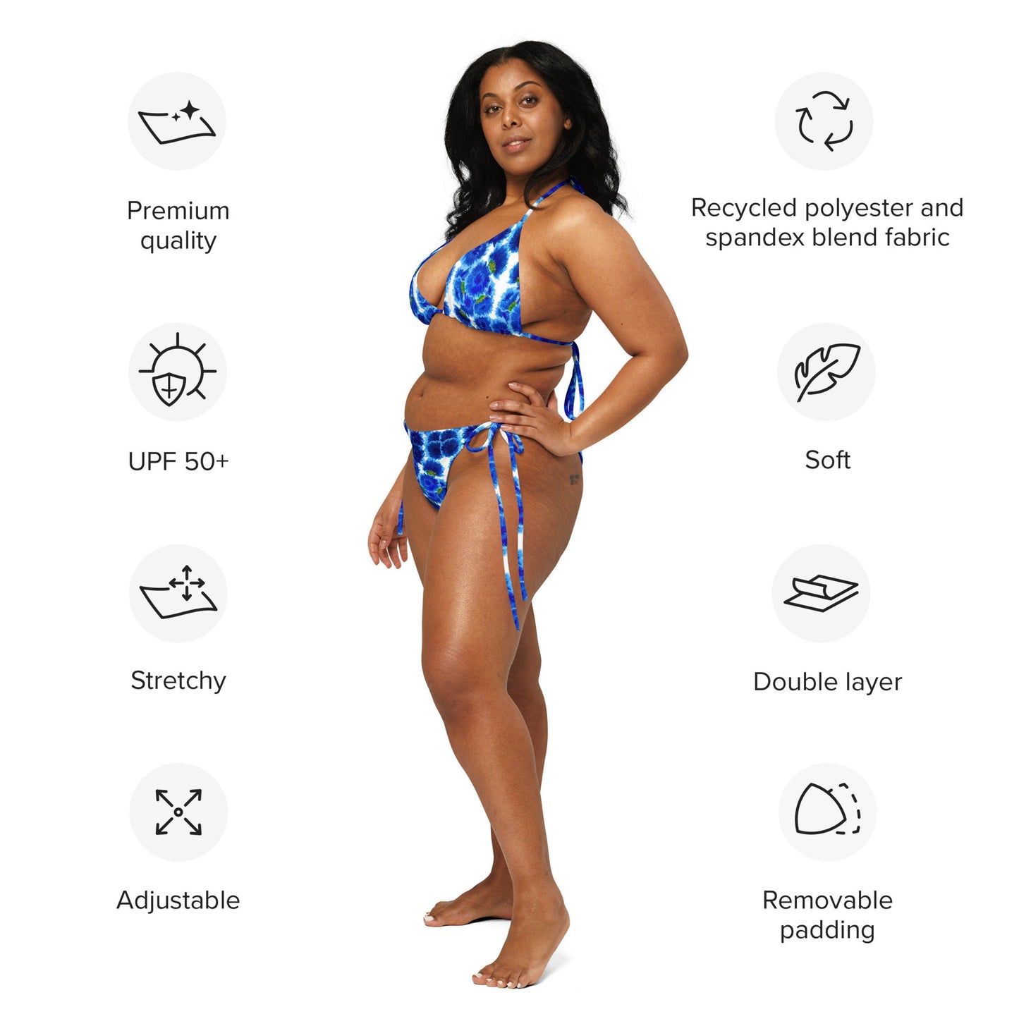 Blue Bachelors Buttons Recycled String Bikini, Cheeky Floral Bathing Suit, Plus Size Botanical Beach Swim Wear