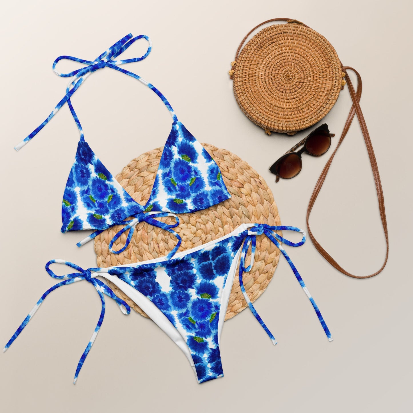 Blue Bachelors Buttons Recycled String Bikini, Cheeky Floral Bathing Suit, Plus Size Botanical Beach Swim Wear