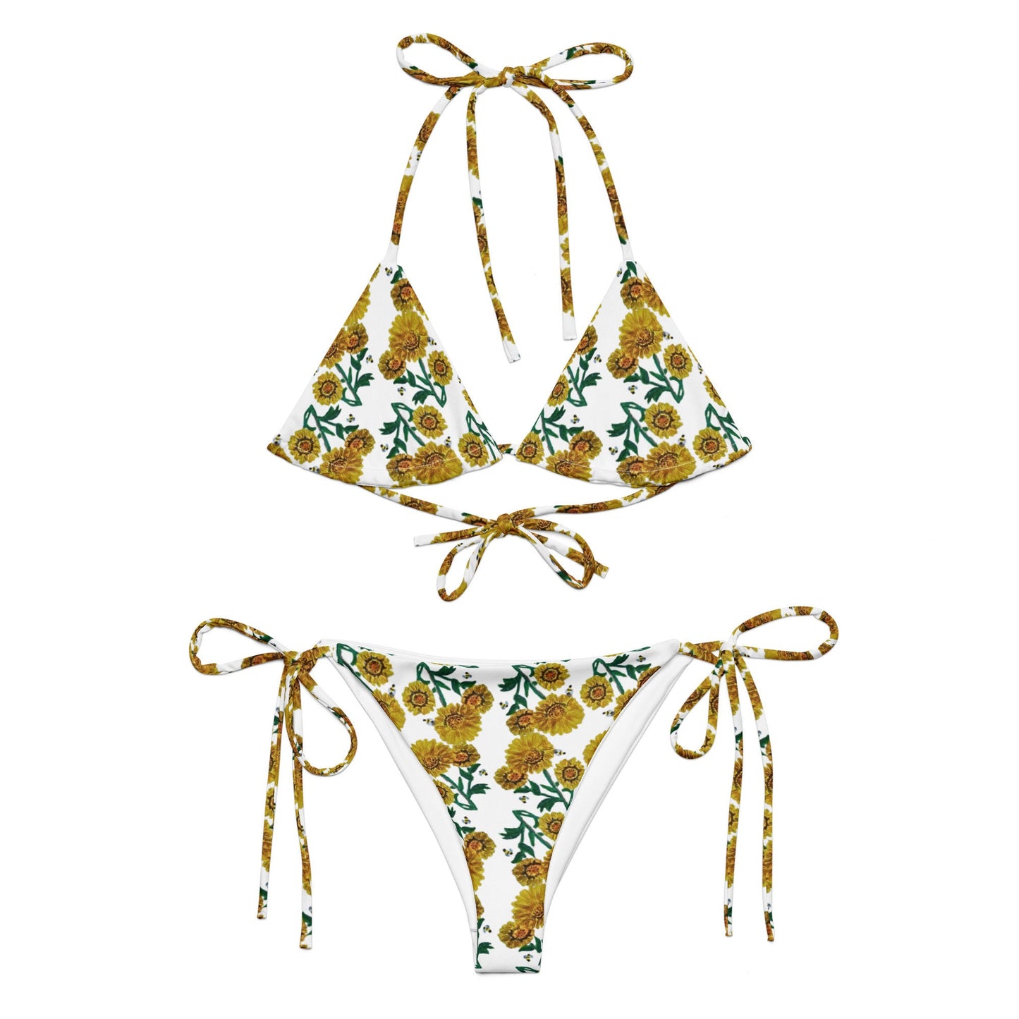 Yellow Sunflower Pattern Recycled String Bikini, Ladies Botanical Beach Swim Wear, Plus Size Floral Bathing Suit