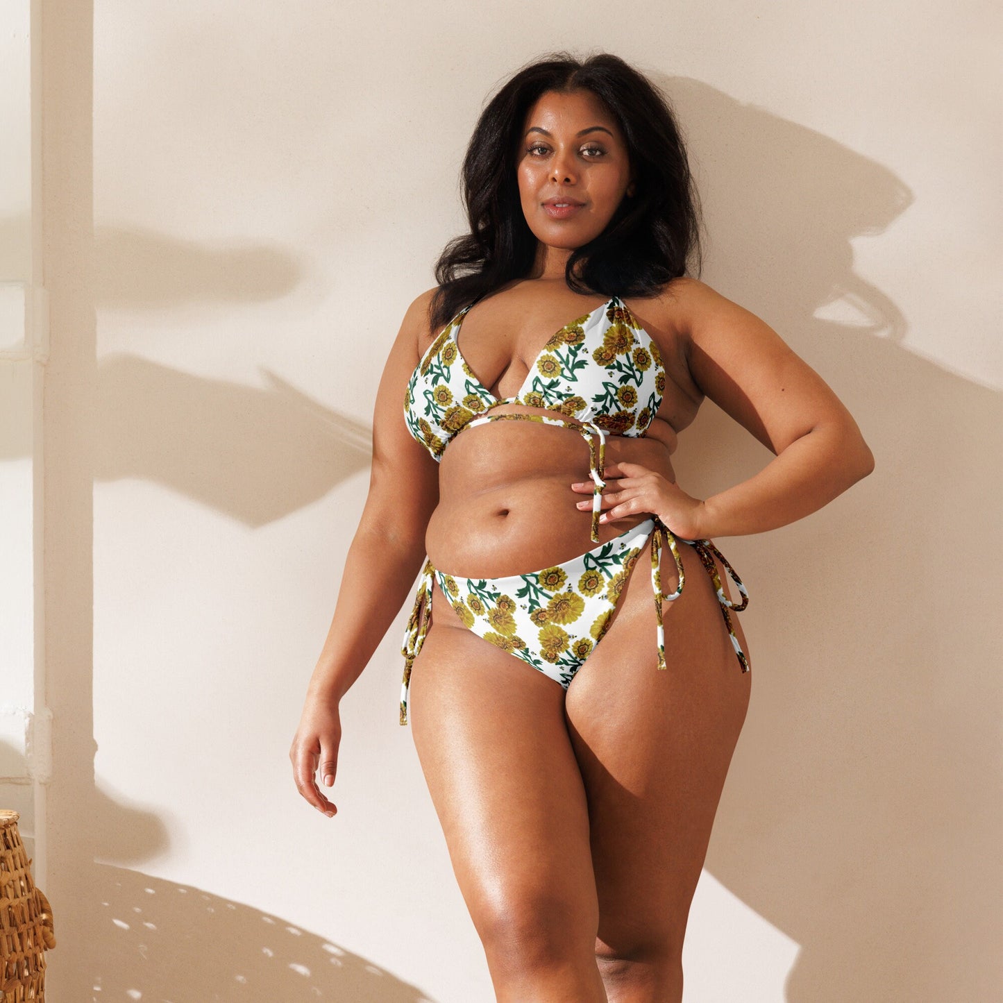 Yellow Sunflower Pattern Recycled String Bikini, Ladies Botanical Beach Swim Wear, Plus Size Floral Bathing Suit