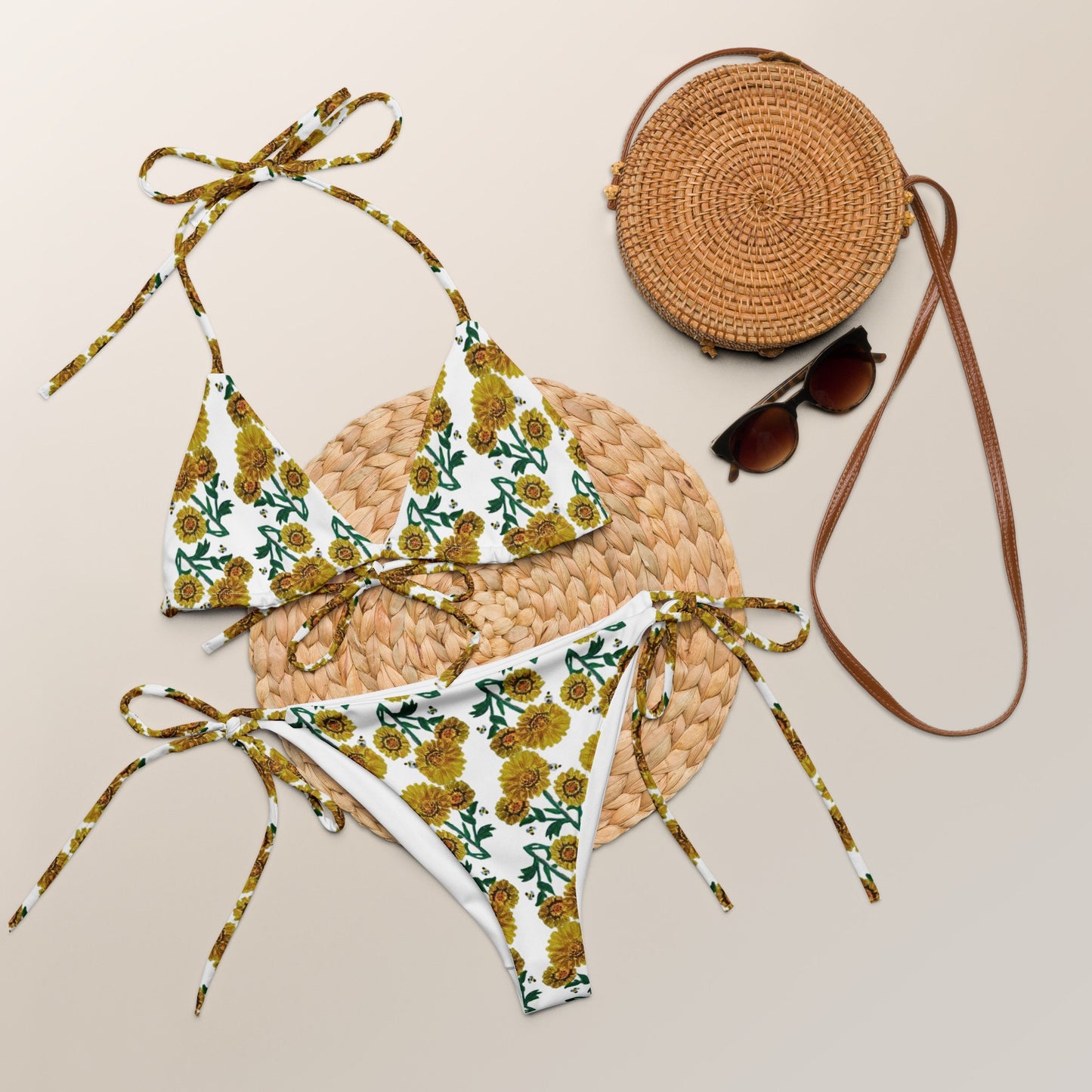 Yellow Sunflower Pattern Recycled String Bikini, Ladies Botanical Beach Swim Wear, Plus Size Floral Bathing Suit