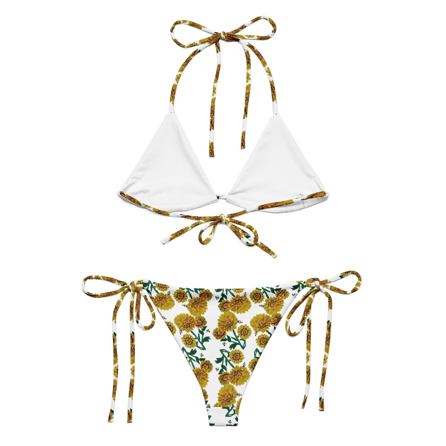 Yellow Sunflower Pattern Recycled String Bikini, Ladies Botanical Beach Swim Wear, Plus Size Floral Bathing Suit