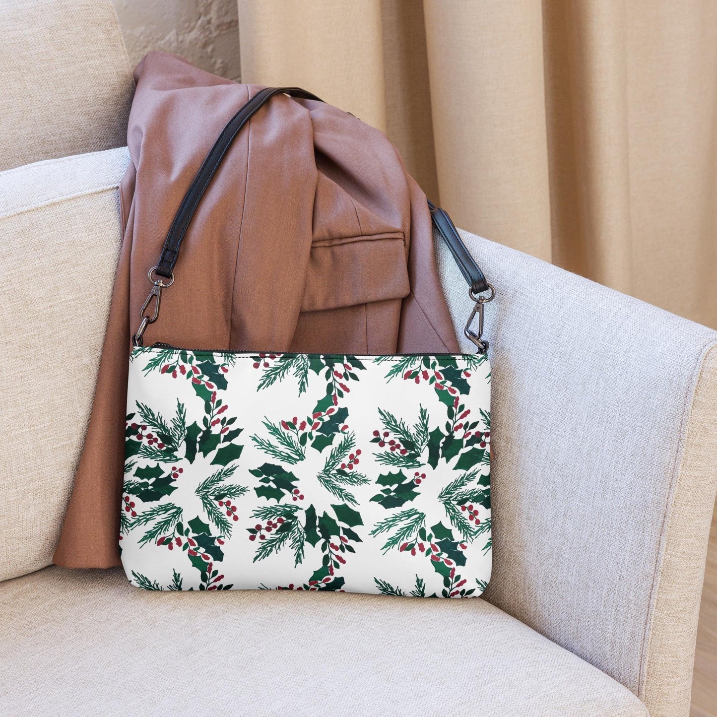 Holiday Floral Purse, Small Trendy Crossbody Bag, Nature Inspired Sling Handbag, Ziptop Closure, Makeup Bag