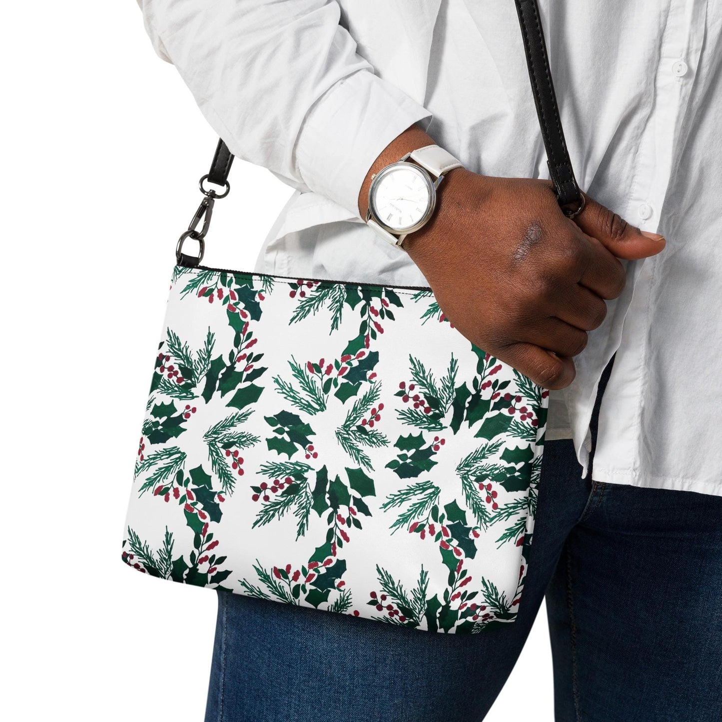 Holiday Floral Purse, Small Trendy Crossbody Bag, Nature Inspired Sling Handbag, Ziptop Closure, Makeup Bag