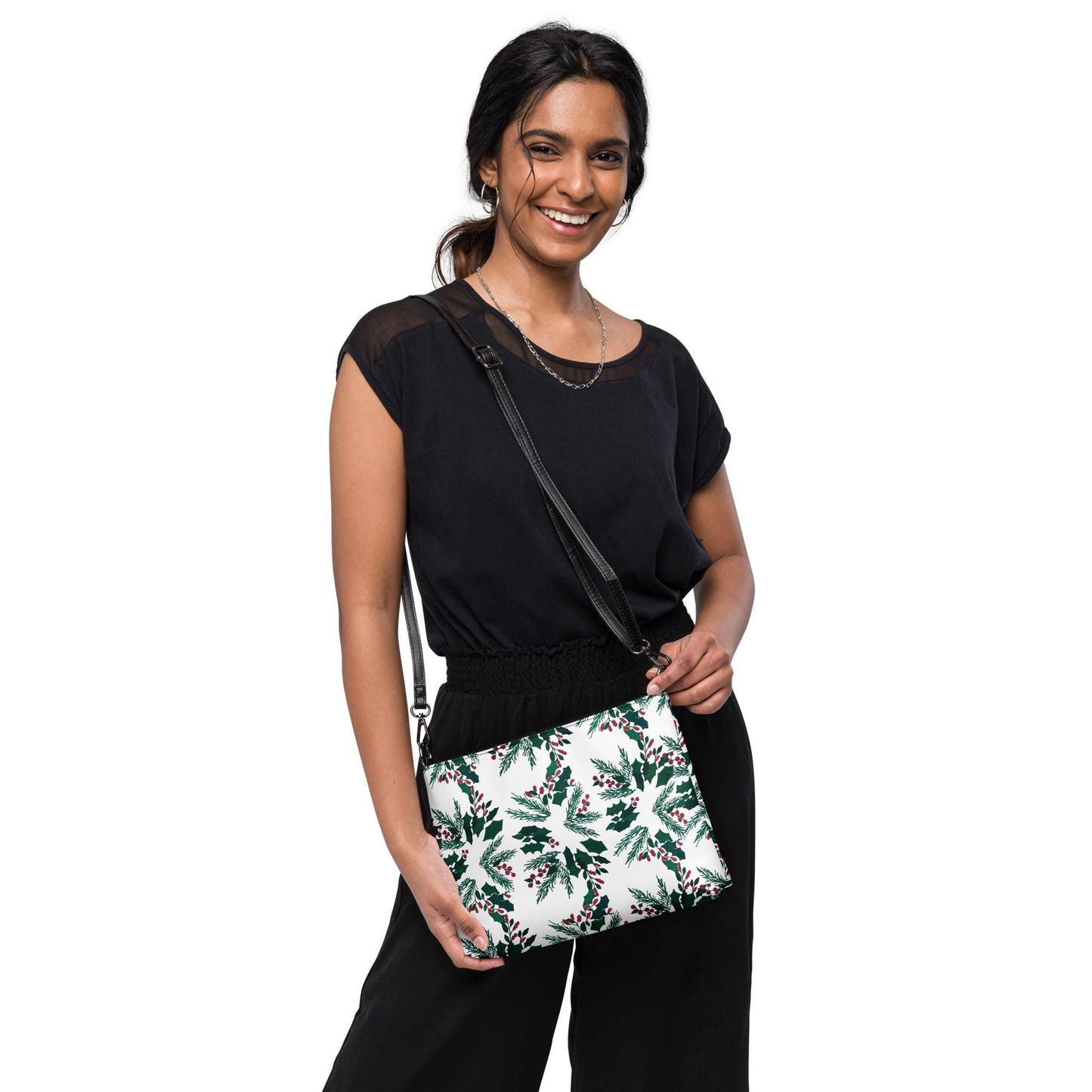 Holiday Floral Purse, Small Trendy Crossbody Bag, Nature Inspired Sling Handbag, Ziptop Closure, Makeup Bag