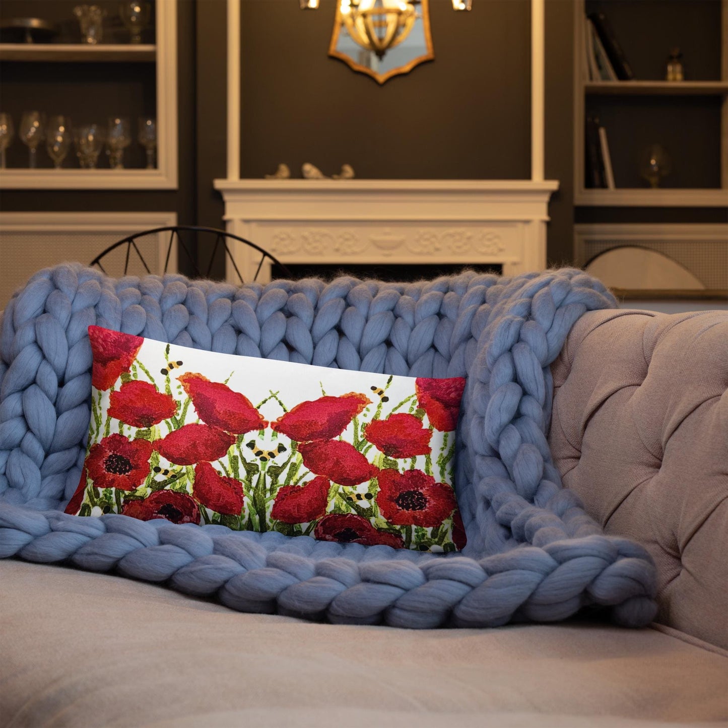 Red Poppies Floral Lumbar Pillow, Colorful Small Spring Pillow, Back Support Botanical Pillow, Throw Pillow