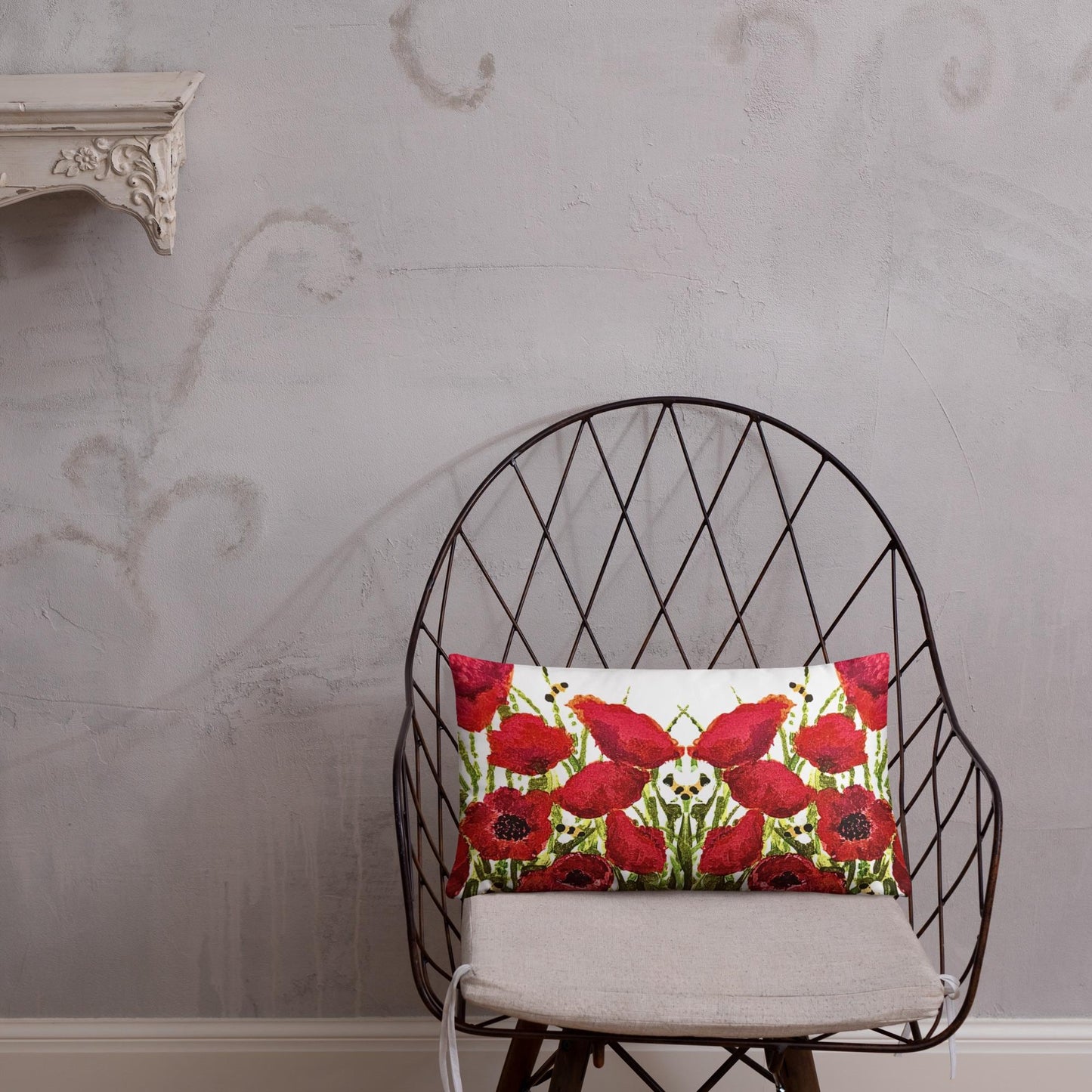 Red Poppies Floral Lumbar Pillow, Colorful Small Spring Pillow, Back Support Botanical Pillow, Throw Pillow