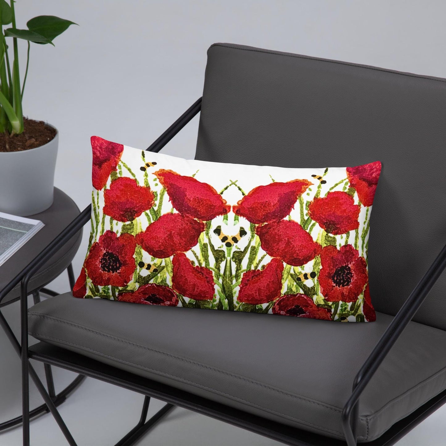 Red Poppies Floral Lumbar Pillow, Colorful Small Spring Pillow, Back Support Botanical Pillow, Throw Pillow