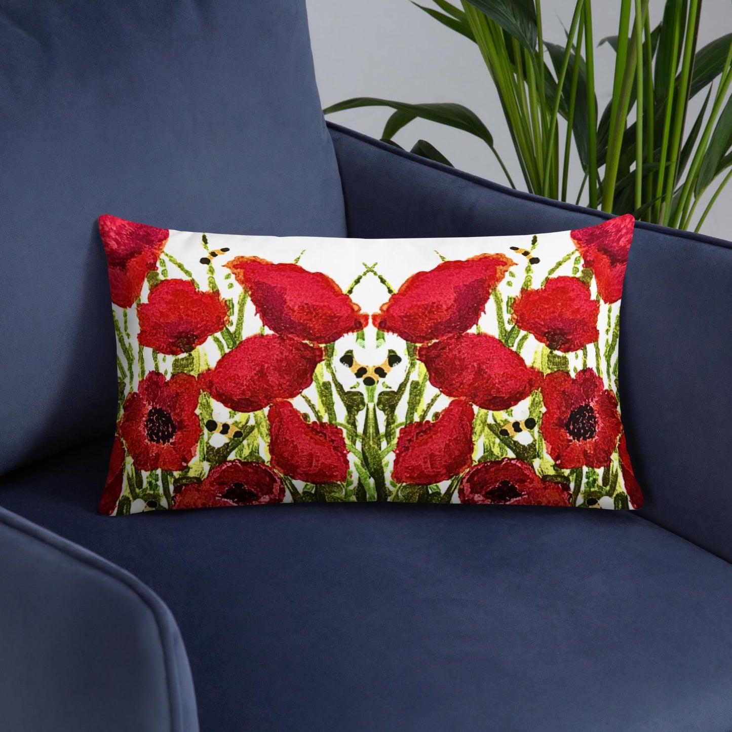 Red Poppies Floral Lumbar Pillow, Colorful Small Spring Pillow, Back Support Botanical Pillow, Throw Pillow