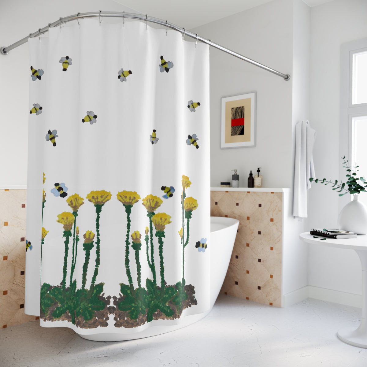 Dandelions and Bees Shower Curtains, Nature Inspired Botanical Bathroom Decor, Printed Floral Shower Curtain