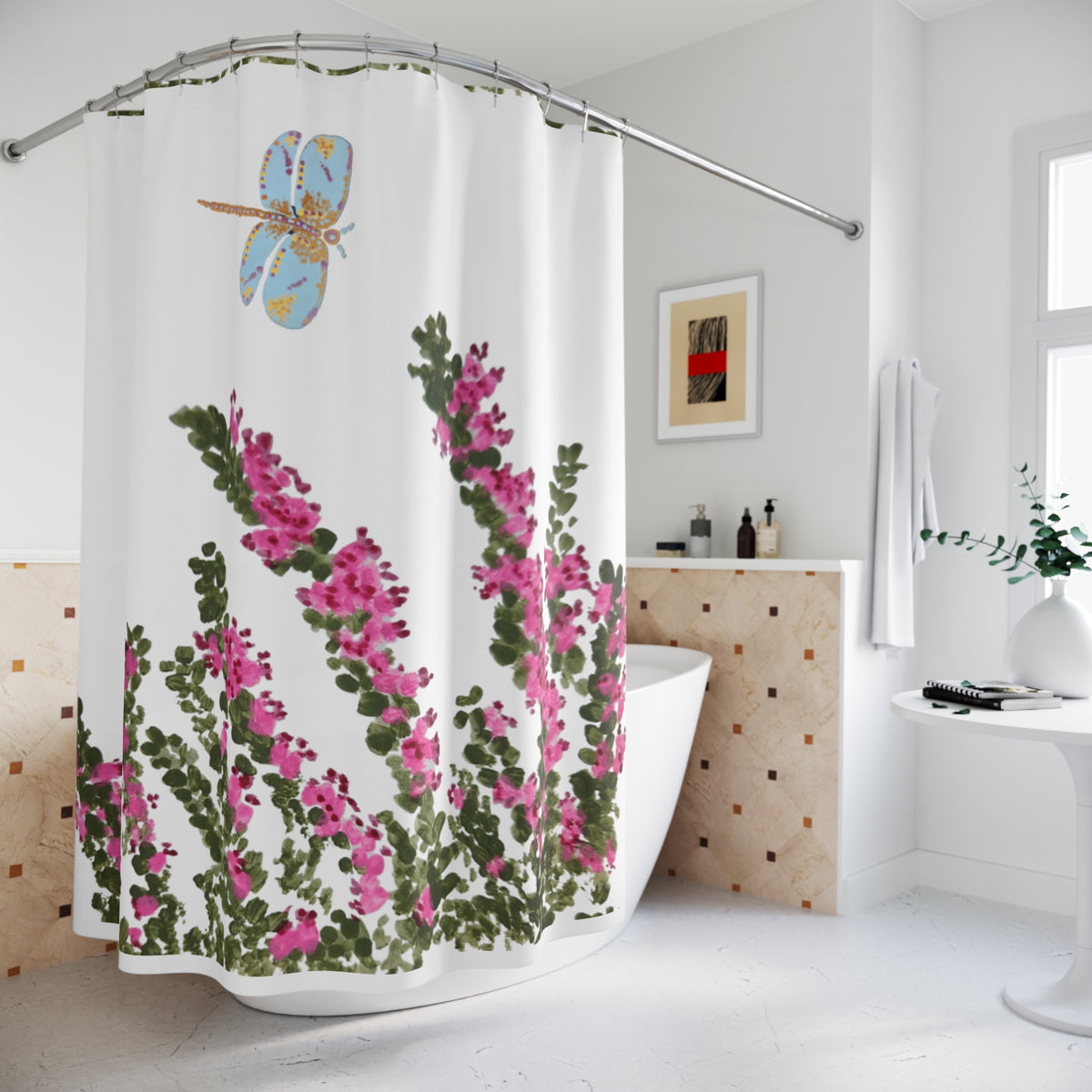 Heather Flower Shower Curtains, Dragonfly Botanical Bathroom Decor, Nature Inspired Printed Floral Bath Curtain