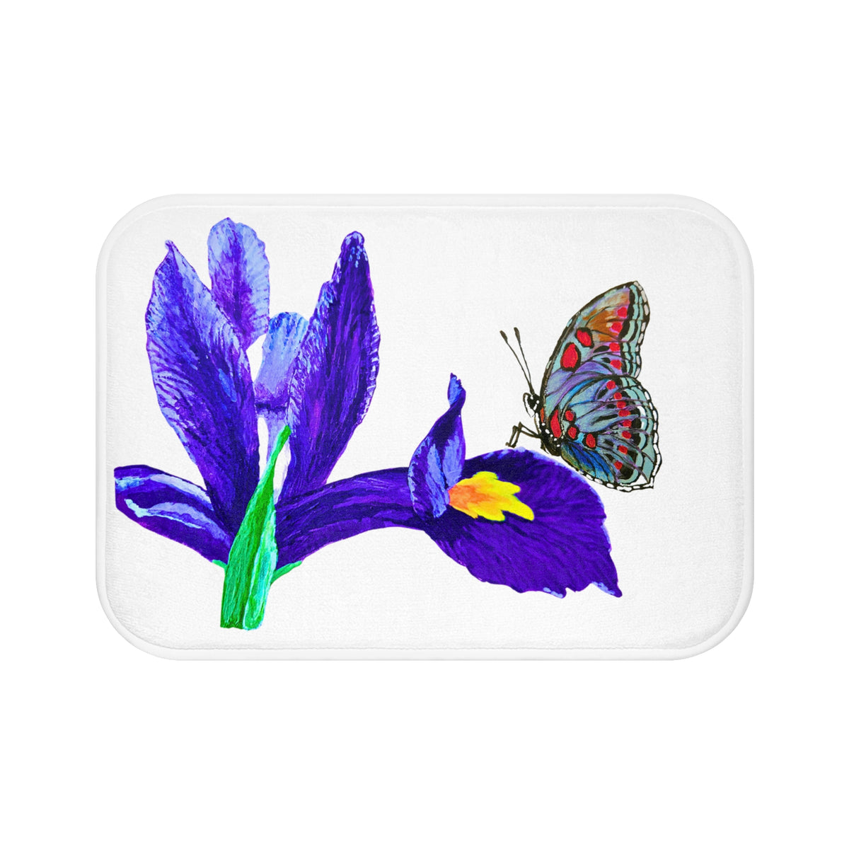 Monarch on Iris Flower Bath Mat, Trendy Accent Rug, Decorative Shower Mat, Non Slip Backing with Memory Foam