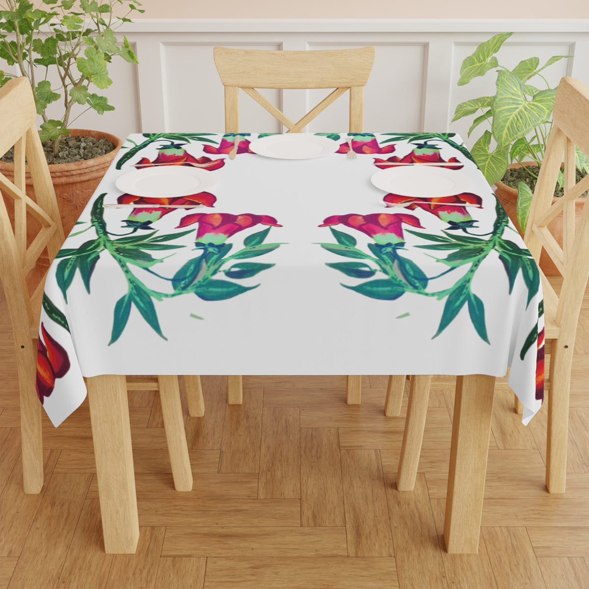Floral Trumpets Tablecloth, Farmhouse Printed Tablecloth, Large Beach Blanket, Square Outdoor Tablecloth