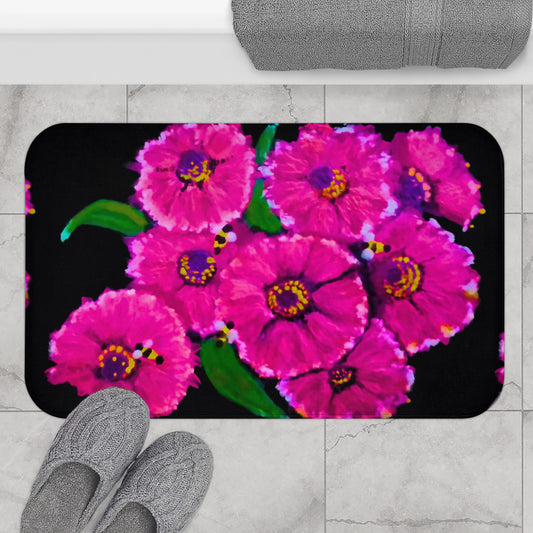 Pink Flowers on Black Bath Mat, Decorative Floral Bathroom Decor, Nature Inspired Accent Rug, Non Slip Backing with Memory Foam